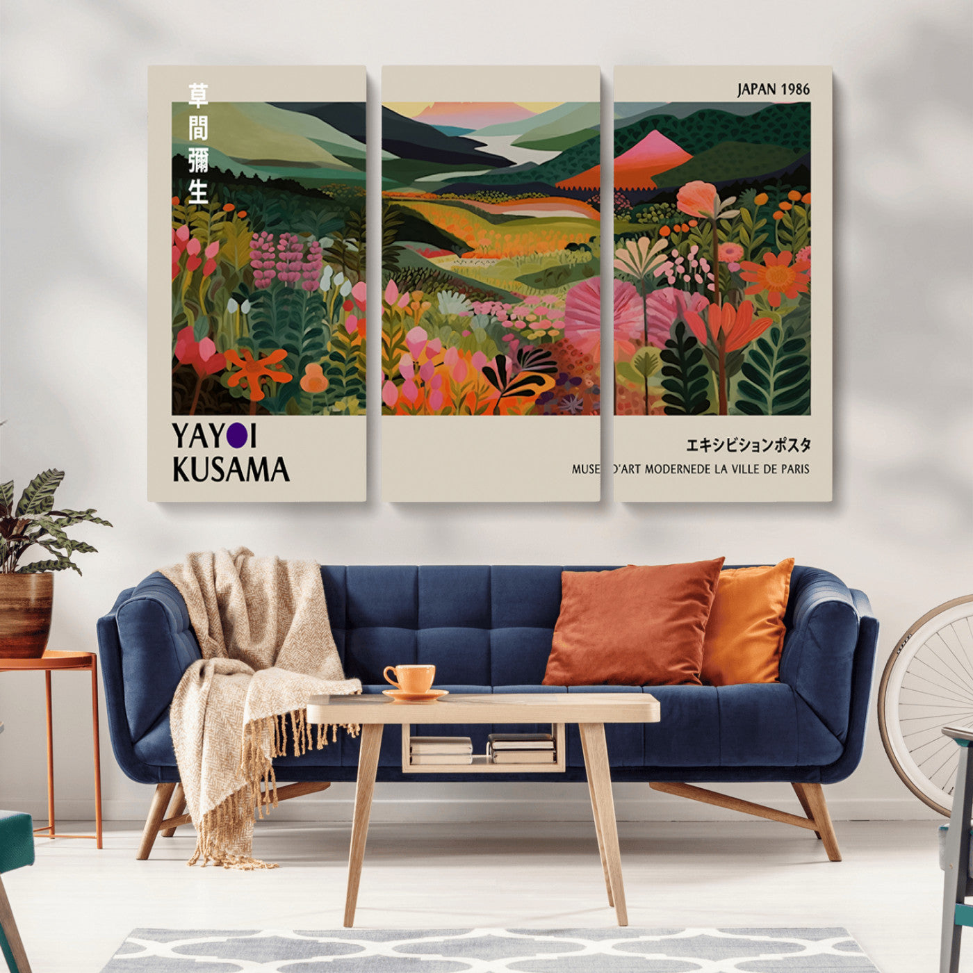 75719-MGV-CV-48X32-3P-Yayoi Kusama Abstract Print, Vibrant Floral Mountain Art Print, Botanical Flower Nature Decor,