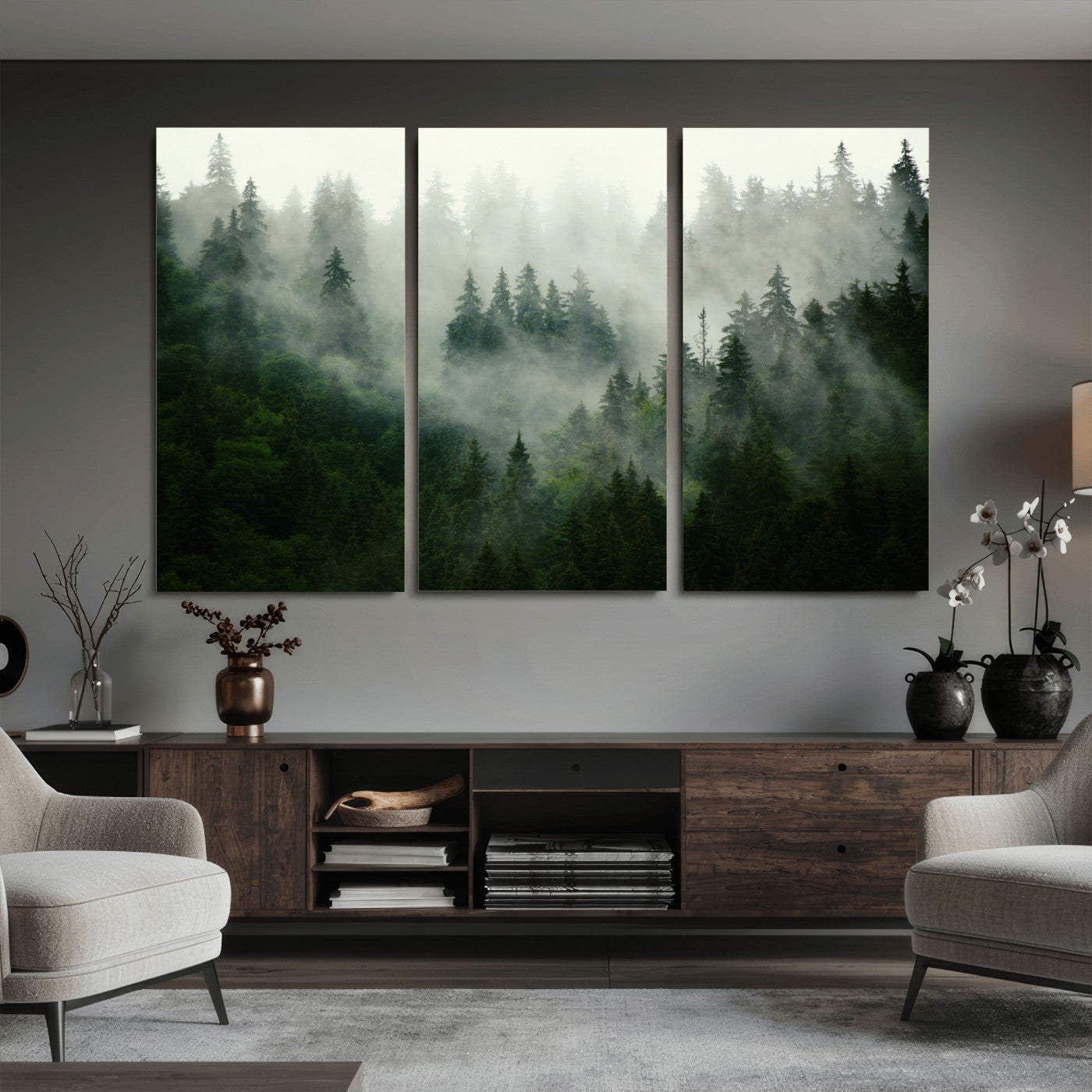 167720496-MGV-CV-36X24 - Misty Forest Mountain Wall Art Canvas | Large 3-Panel Foggy Landscape Canvas Print | Nature Misty