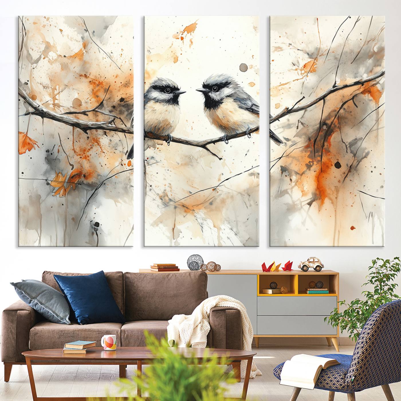 98244-MGV-CV-48X32-3P-Beautiful Birds Wall Art – Framed Watercolor Branch Canvas Artwork, Elegant Nature Design, Vibrant Decor for Home, Office
