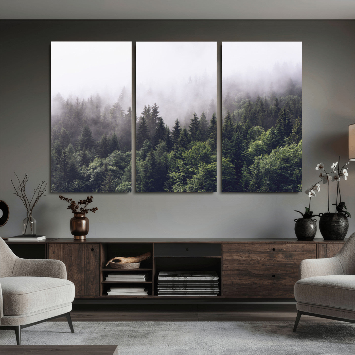 42578900-MGV-CV-36X24 - Misty Forest Canvas Wall Art – Serene Triptych Nature Print – Woodland Landscape Decor for Living