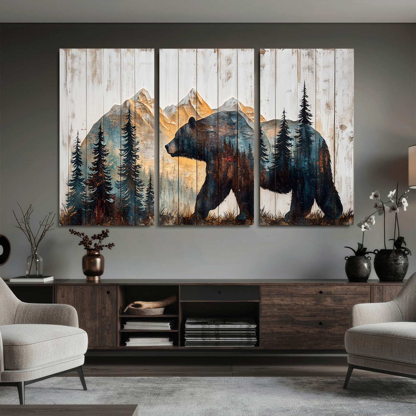 90077-MGV-CV-36X24 - Rustic Bear Wall Art - Grizzly 399 Bear Wall Art - Mountain Wood Canvas Wall Art - Nature Theme