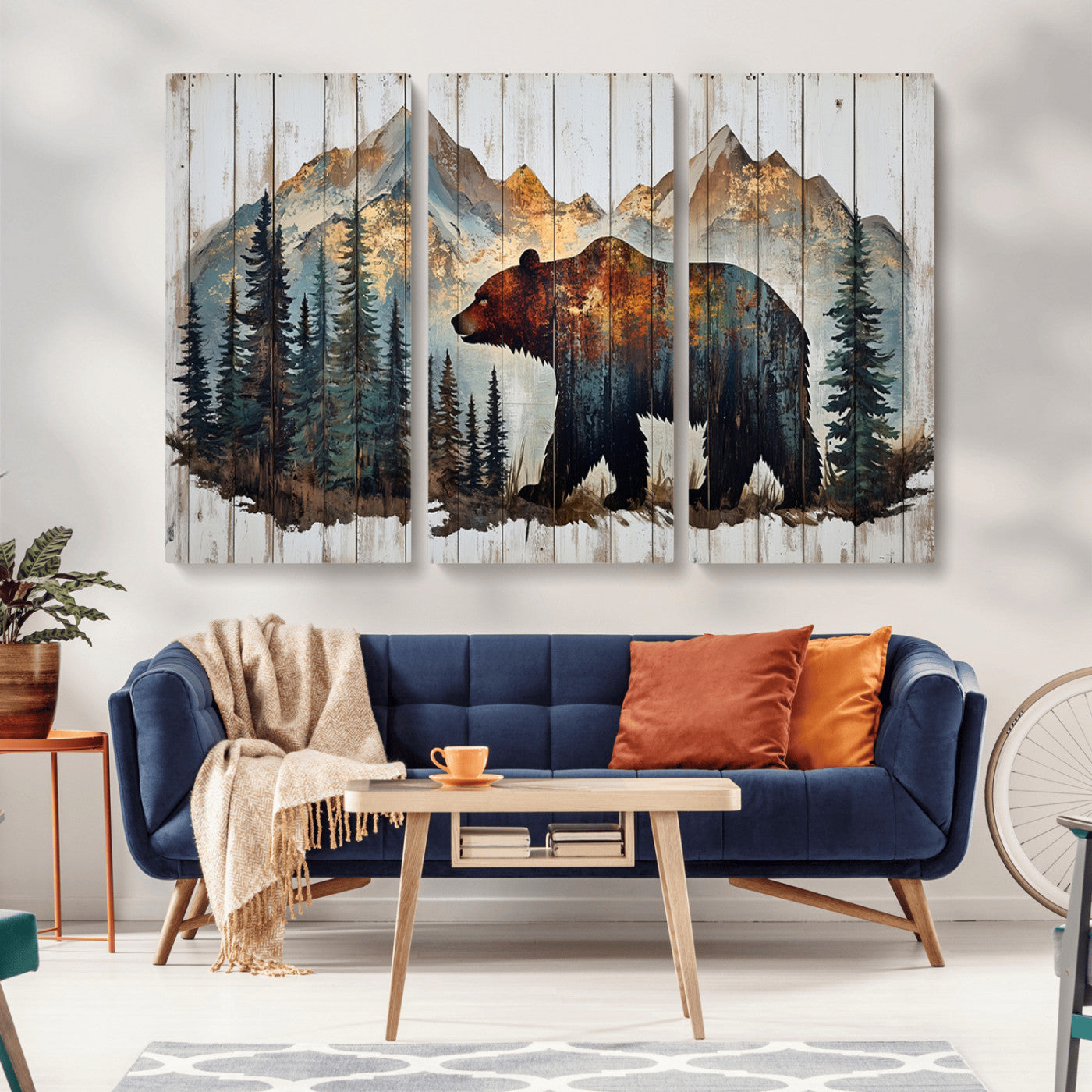 -Rustic Grizzly 399 Bear and Mountain Wood Canvas Wall Art - Framed Nature Artwork with Forest