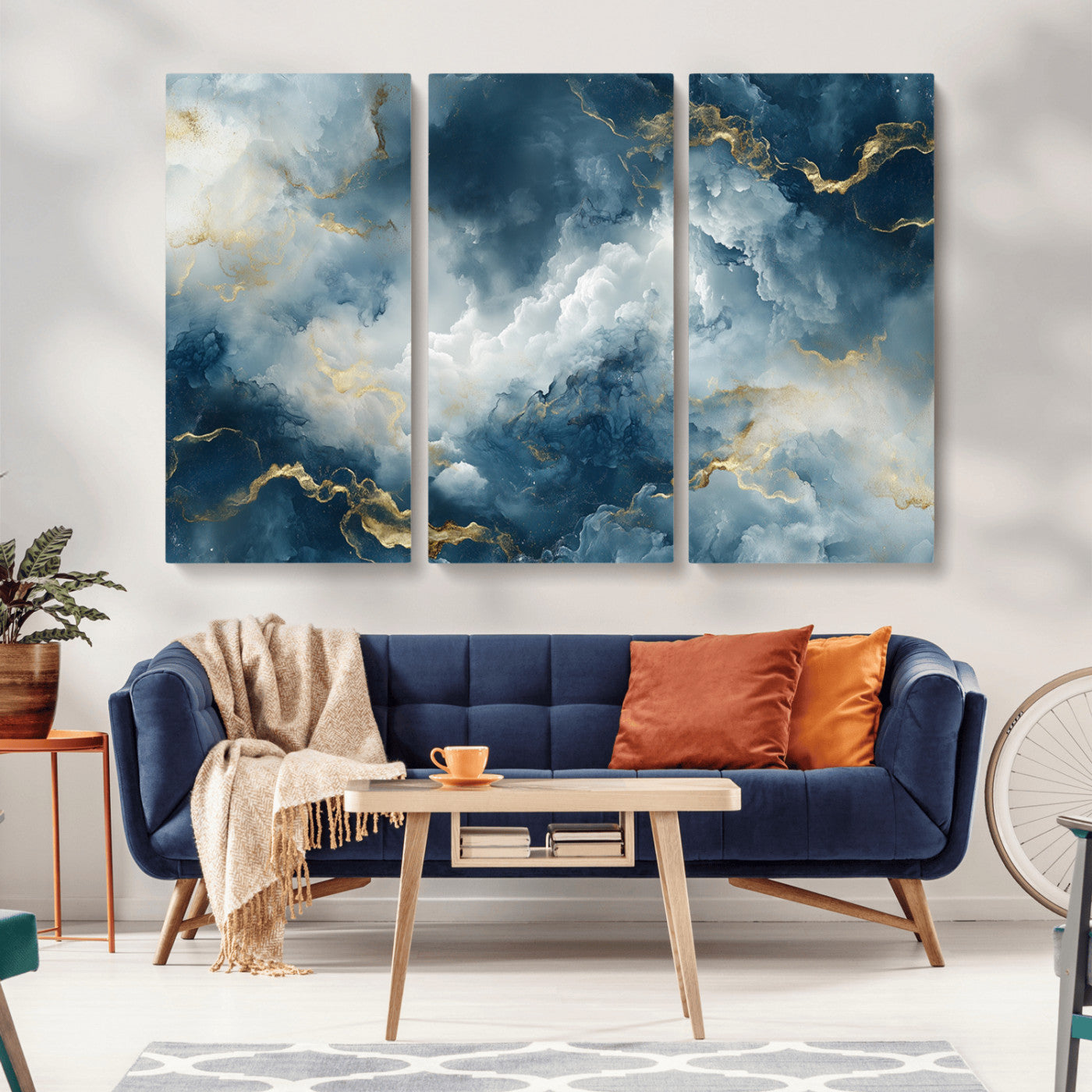 48298-MGV-CV-48X32-3P-Large Abstract Print - Luxe Blue and Gold Abstract Canvas Wall Art - Bold Cloudscape Canvas for