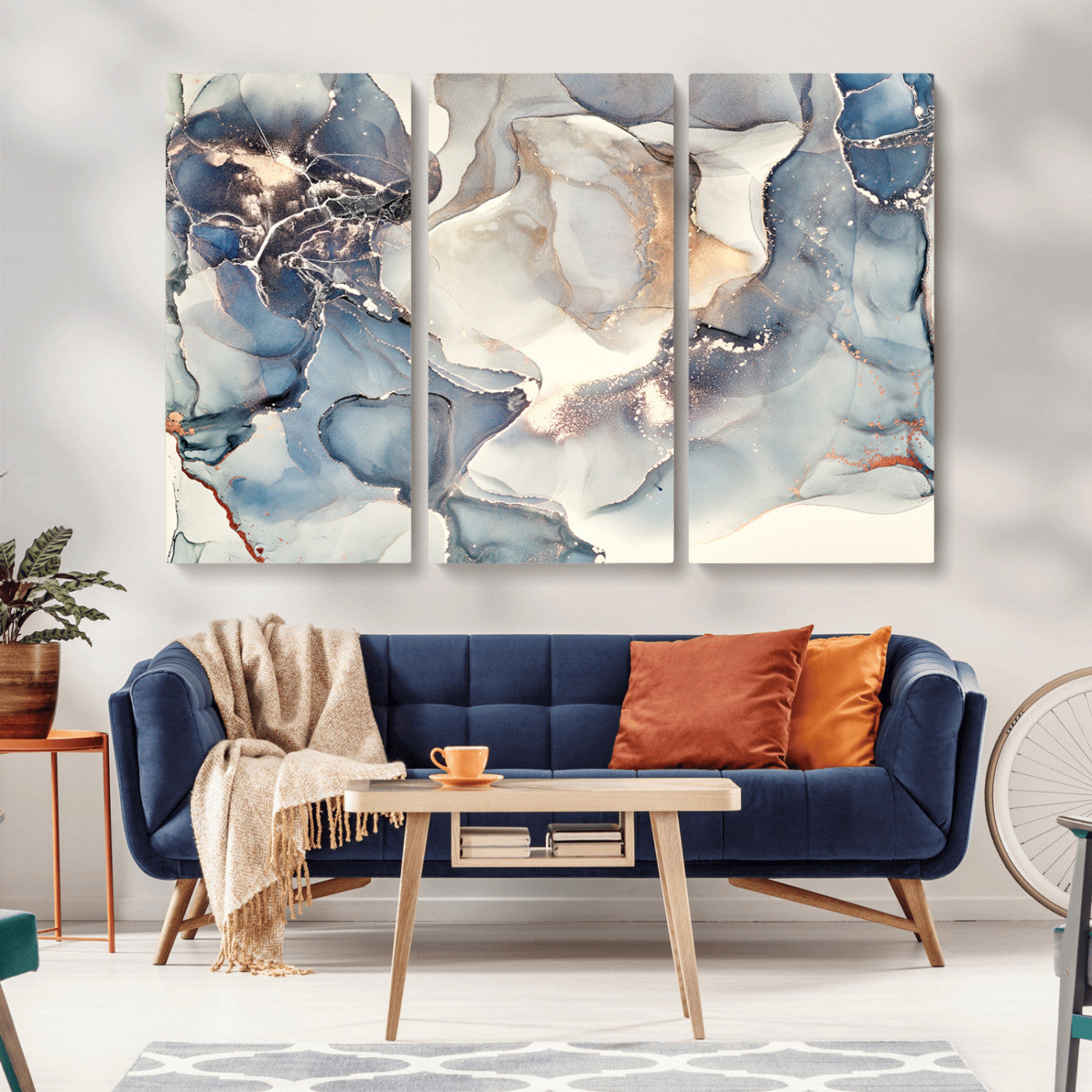 51497-MGV-CV-36X24-Abstract Blue and Gold Canvas Wall Art - Fluid Modern Ink Artwork - Modern Luxury Wall Decor for