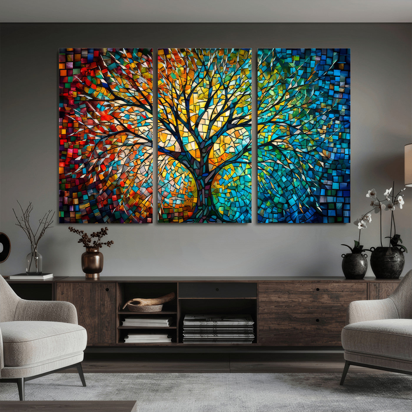99325-MGV-CV-36X24 - Yggdrasil Tree of Life Wall Art Print Canvas | Mosaic Style 3-Panel Canvas Print