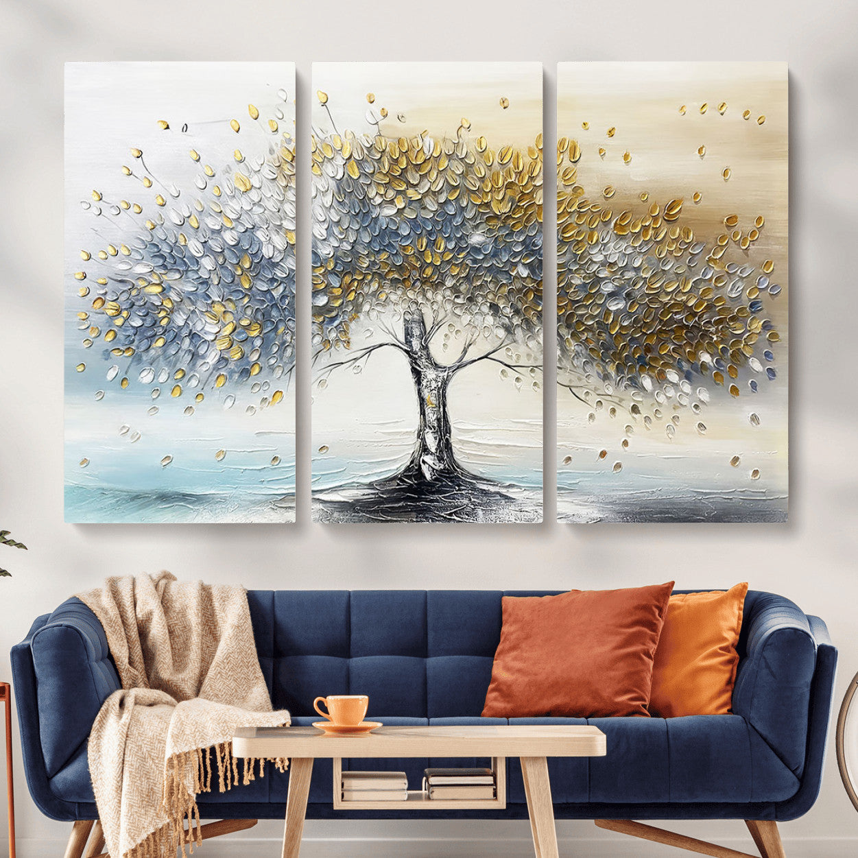 MGV-CV-48X32-3P - Golden & Silver Tree of Life Wall Art – Canvas Print with Whimsical Leaves Elegant Nature Design, Decorative Home, Office or Guest Room Decor