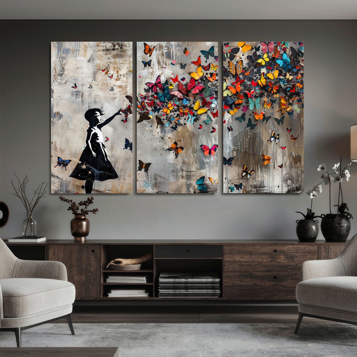 51446-MGV-CV-36X24 - Banksy Butterfly Girl Wall Art | 3-Piece Butterfly Girl Canvas