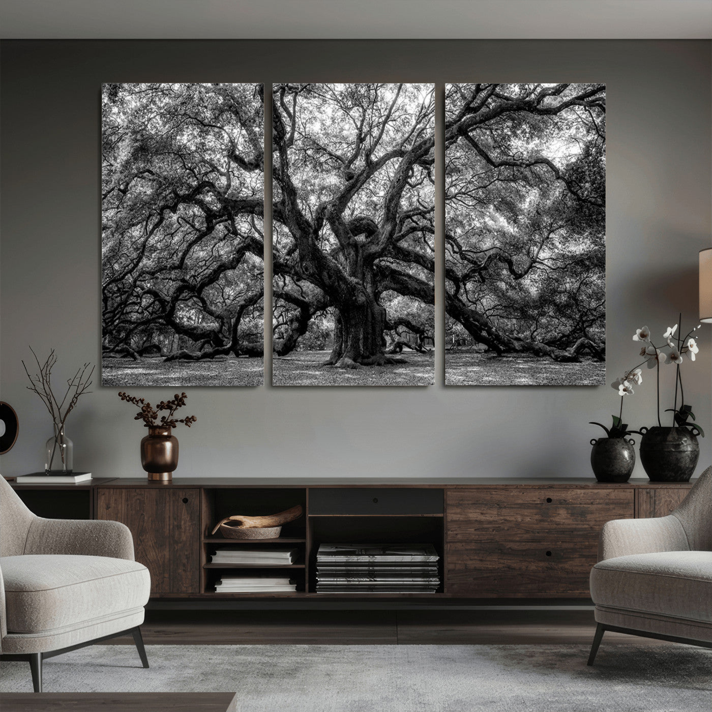 132944706-MGV-CV-36X24 - Black and White Old Angel Oak Tree Wall Art Canvas Print