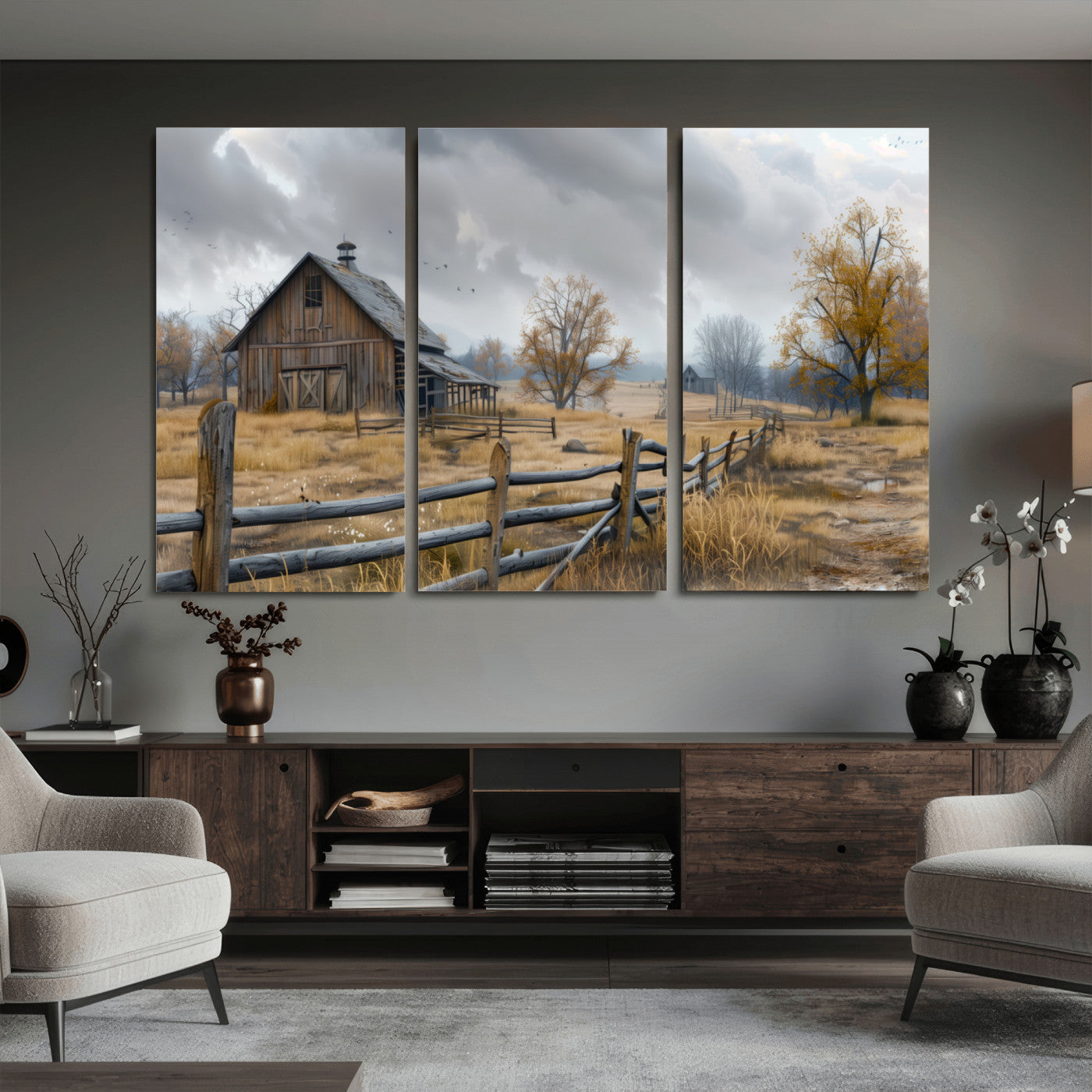 Farm1-MGV-CV-36X24 - Rustic Autumn Farmhouse Wall Art Canvas Print – Serene Countryside Scene with Weathered Barn and