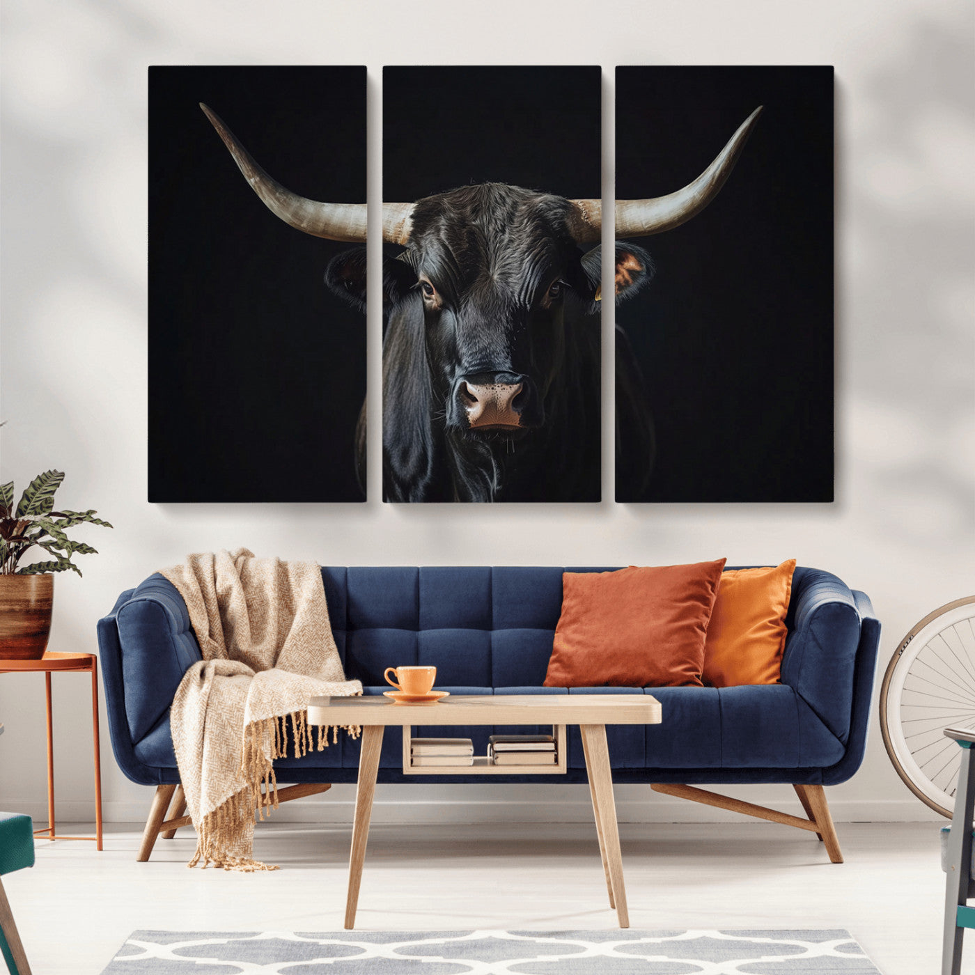 48065167-MGV-CV-36X24-Majestic Longhorn Bull Wall Art Canvas Print – Dark Background Western Ranch Portrait Artwork for Home, Office