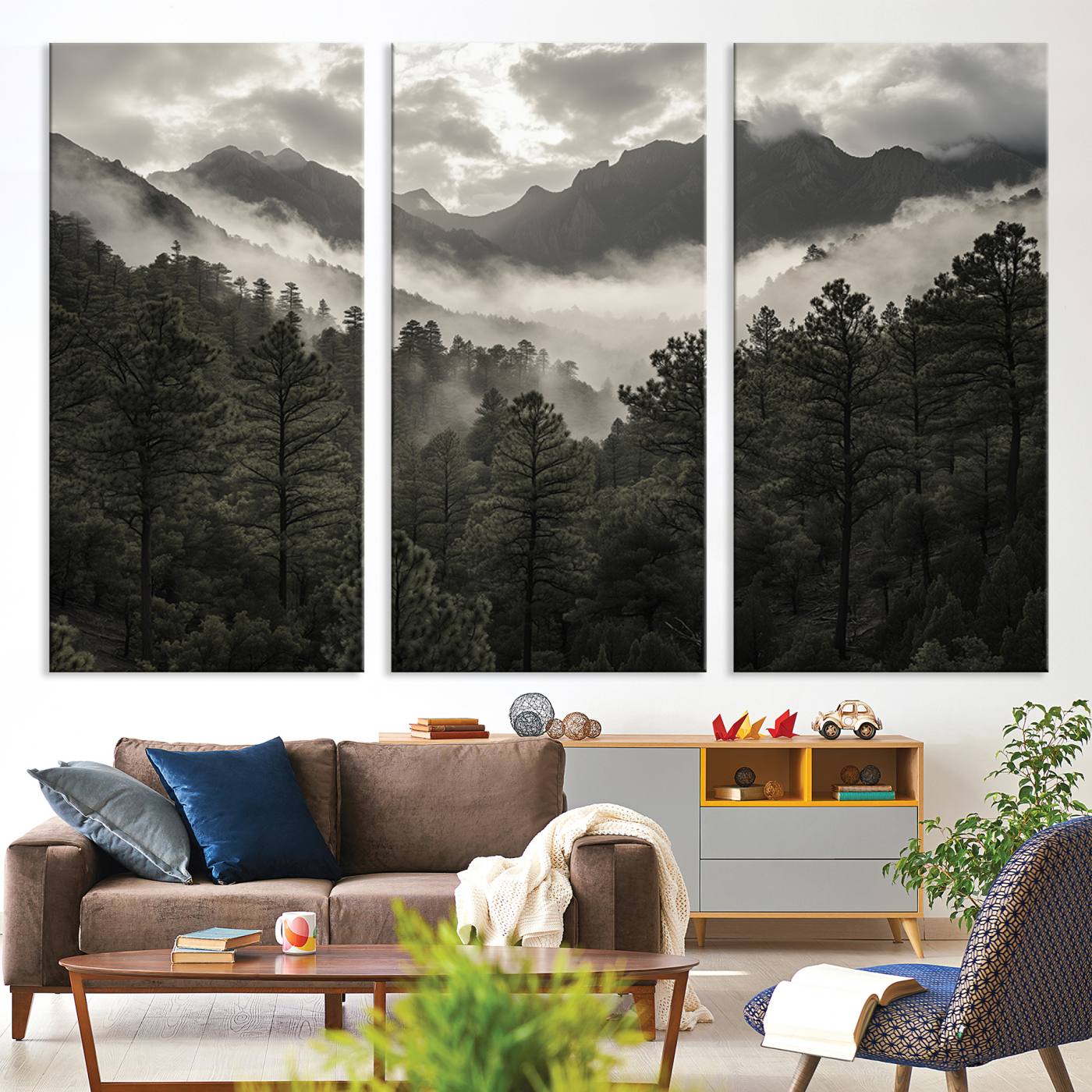 Canvas of moody pine forest and foggy mountain peaks under overcast skies, ideal for calm and rustic woodland-themed home decor.