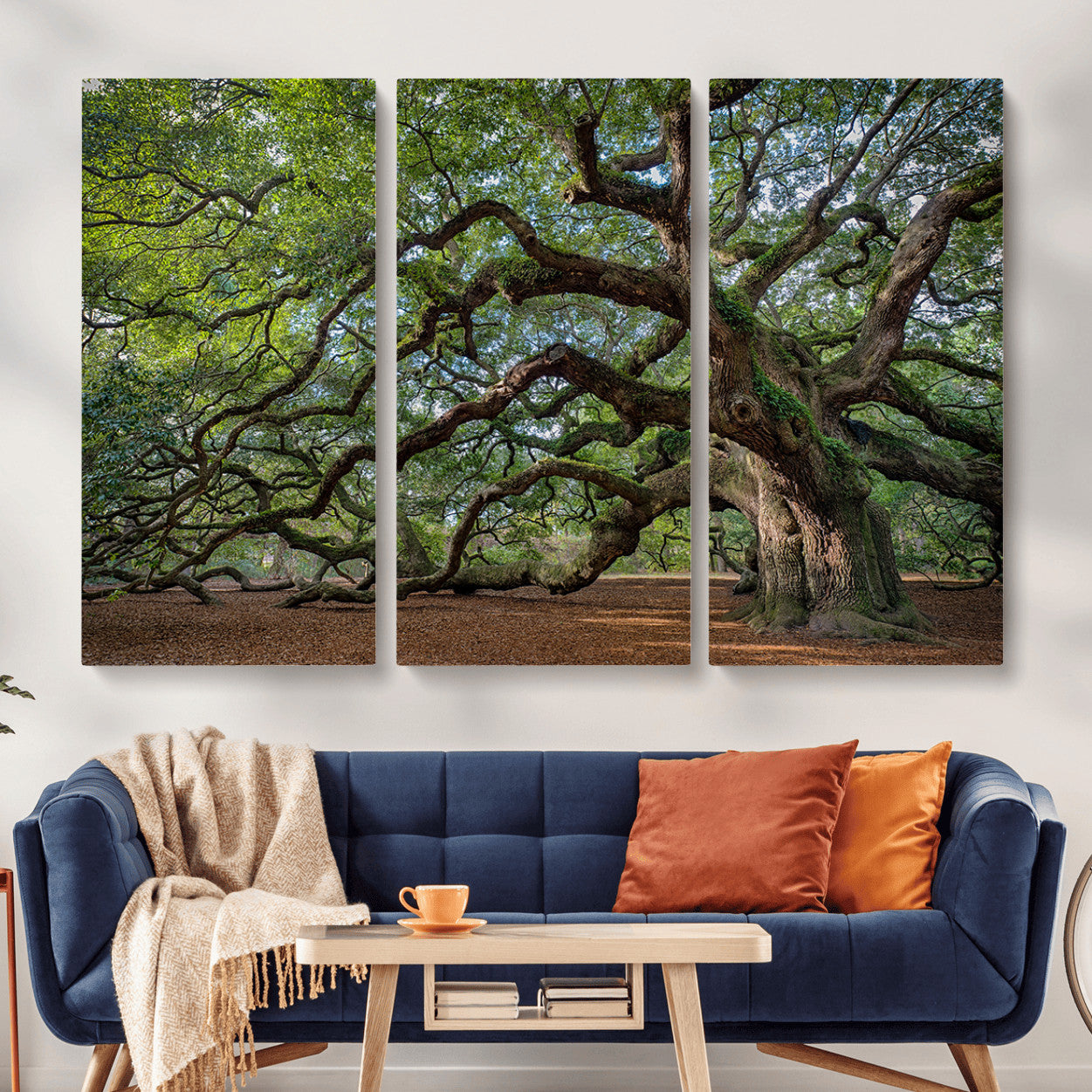 MGV-CV-48X32-3P - Ancient Oak Tree Wall Art – Canvas Print of Expansive Branches Lush Green Canopy, Tranquil Landscape, Majestic Nature Decor for Home or Office