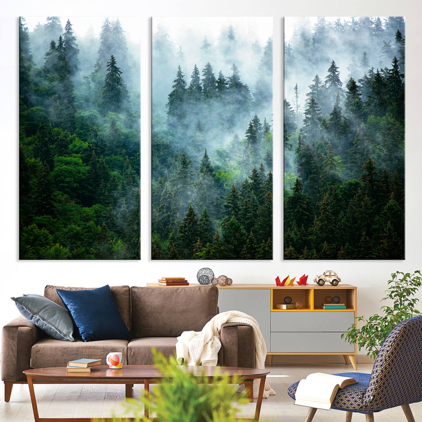 17393683-MGV-CV-48X32-3P-Misty Forest Wall Art Canvas Print – Framed Foggy Mountain Landscape Artwork, Serene Scenic Decor for Home, Office