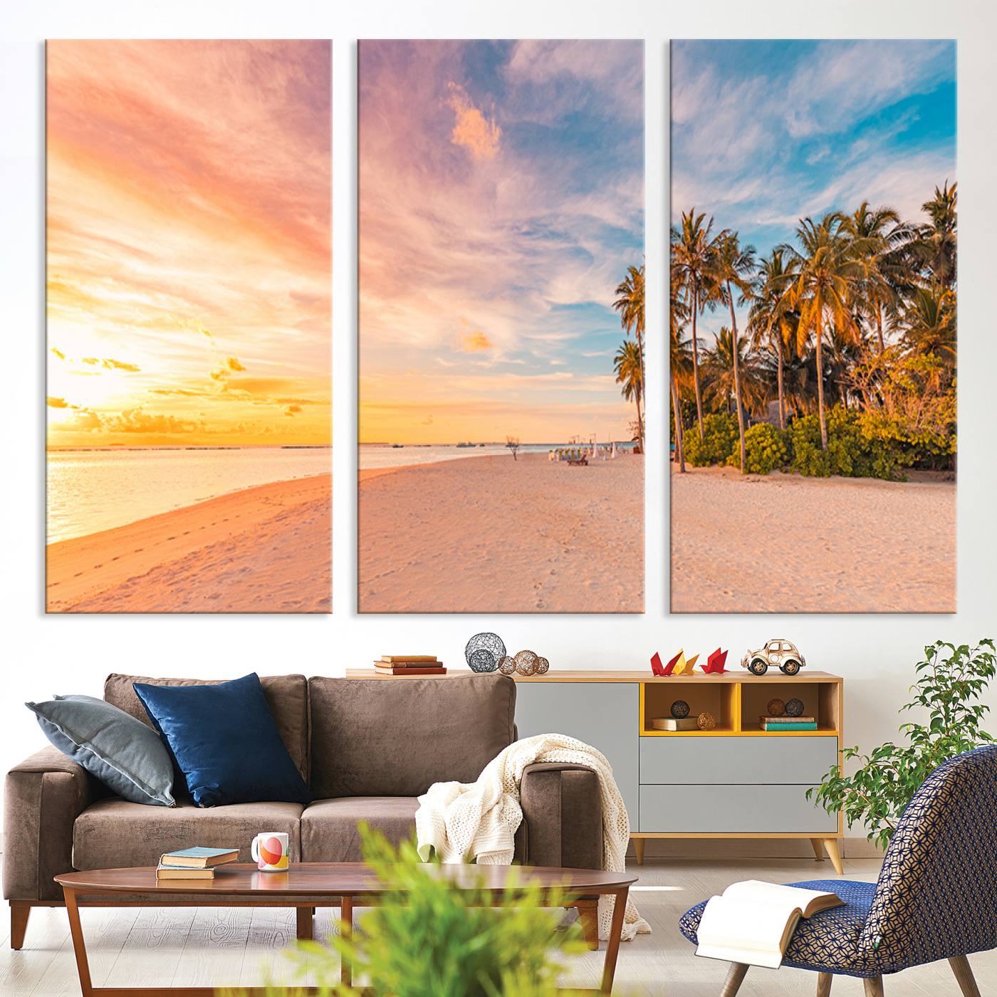 Tropical beach canvas with palm trees and soft sunset tones, ideal for coastal or beach-style home décor in warm pastel hues.