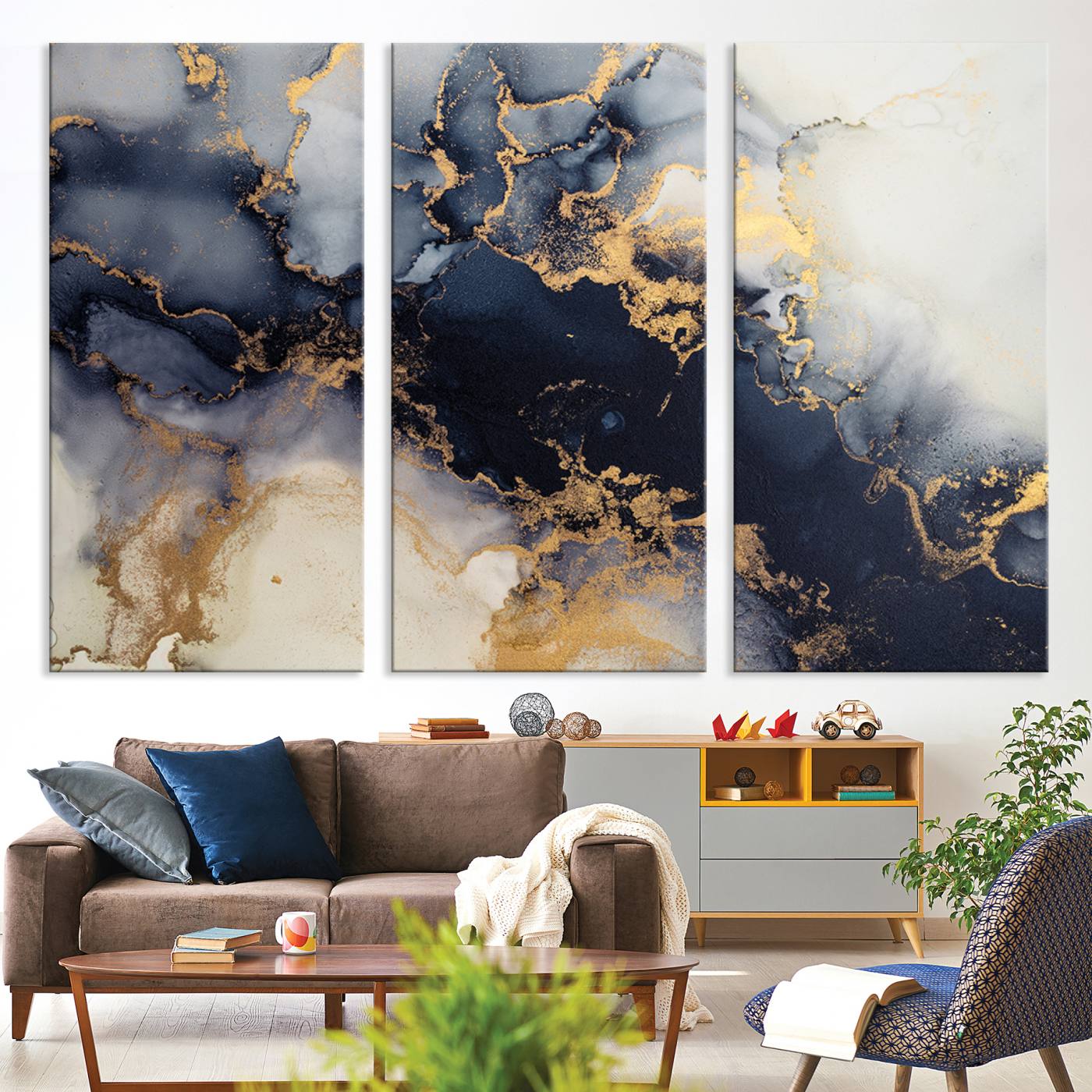 41136487-MGV-CV-48X32-3P-Black Marble Wall Art Canvas Print – Framed Abstract Gold Veins Elegant Luxury Design Decor for Home, Office