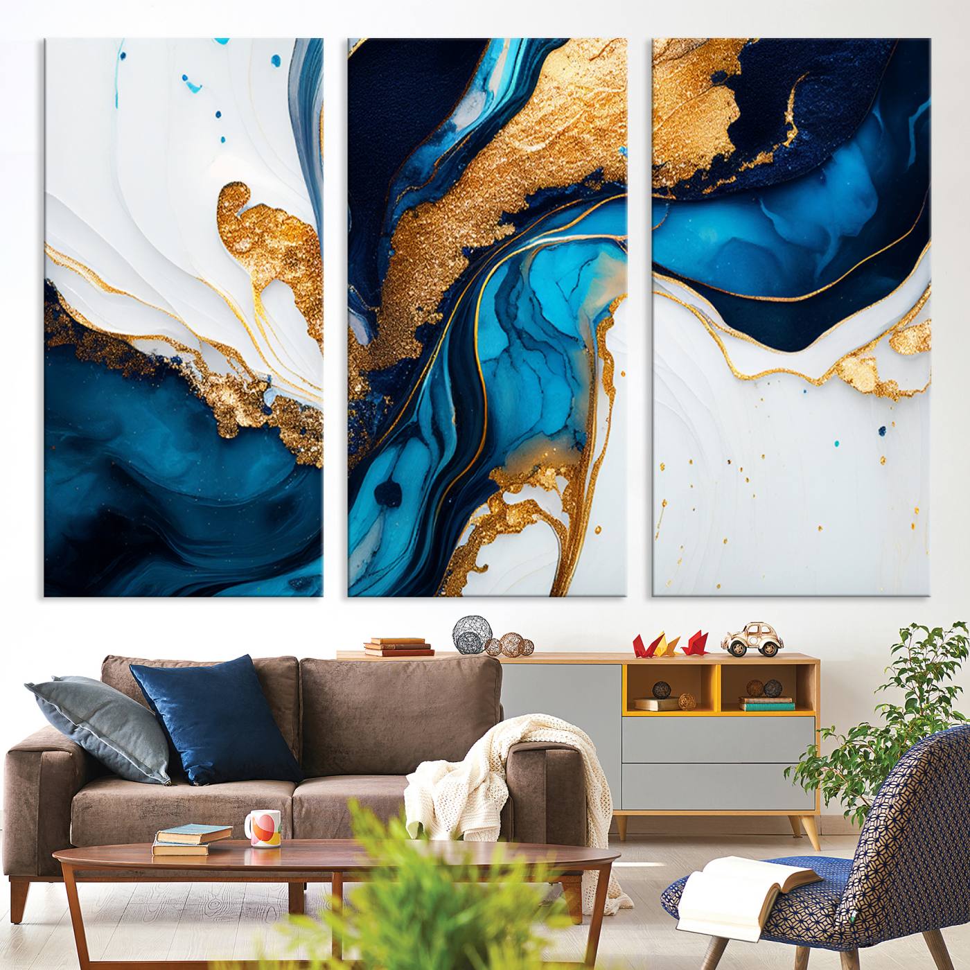 14107569-MGV-CV-48X32-3P-Gold Blue Abstract Wall Art Canvas Print, Elegant Navy and Gold Marble Flow Design Artwork for Home, Office