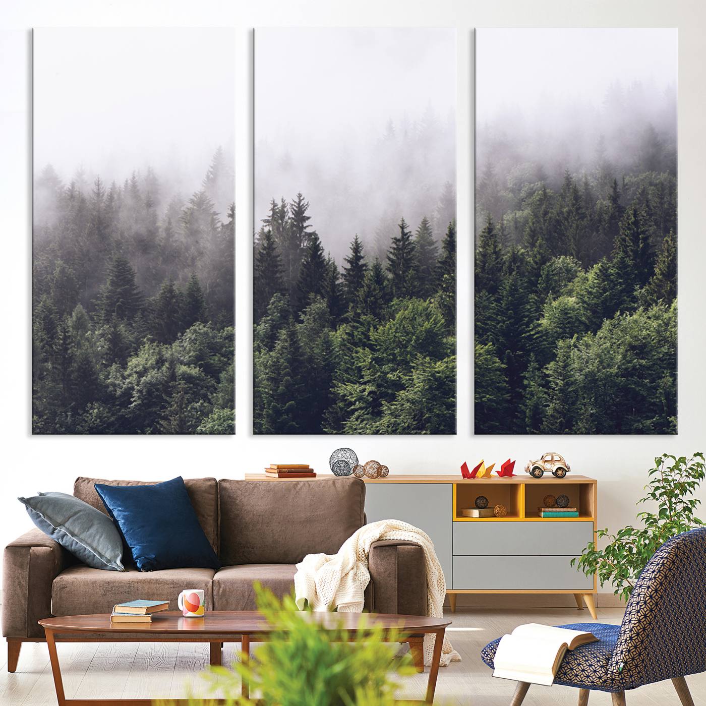 -Misty Forest Wall Art Canvas Print, Framed Foggy Pines Art Picture Print, Pine Valley Perfect Moody