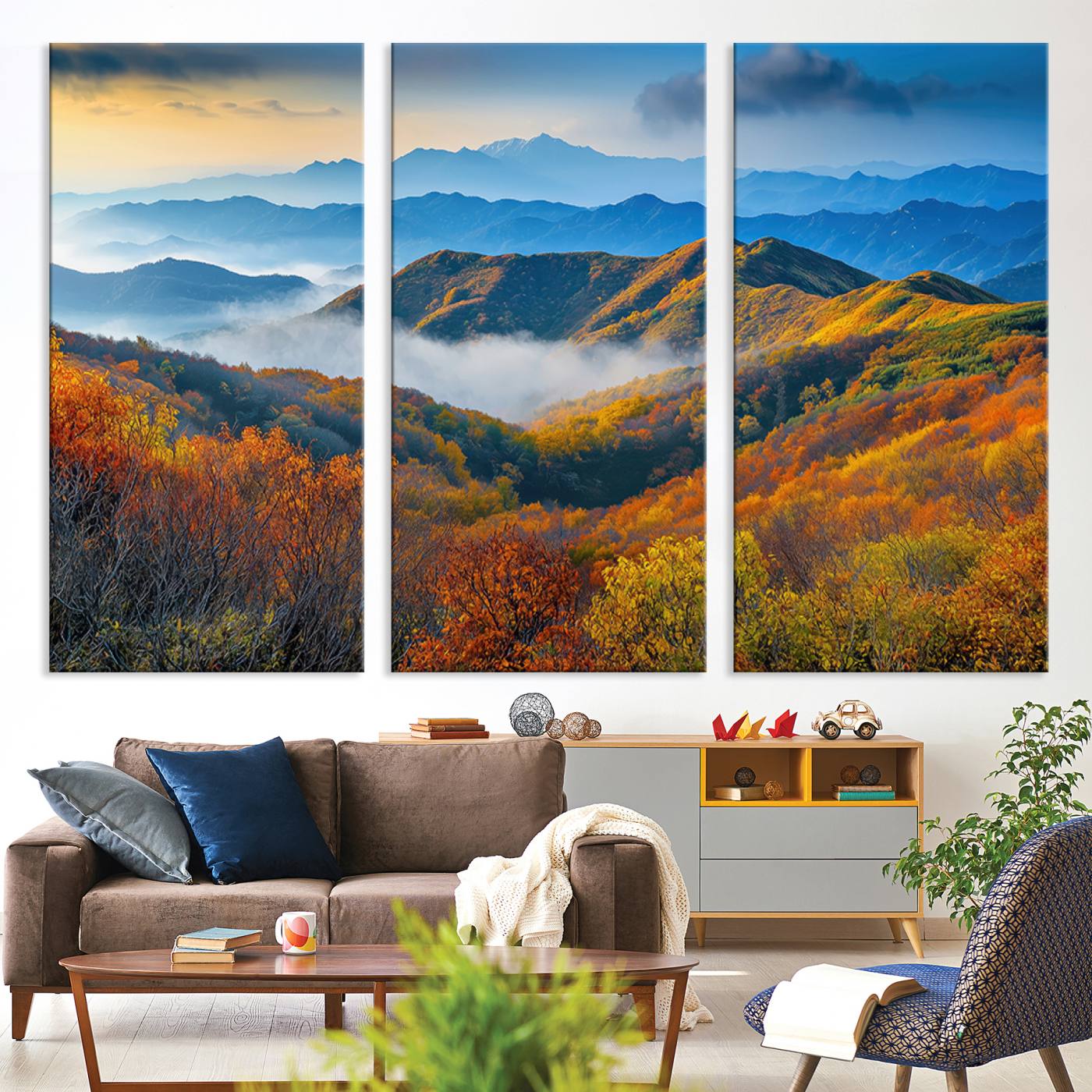 -Autumn Mountains Wall Art Canvas Print, Autumn Mountain Foggy Landscape Wall Art Canvas Print,