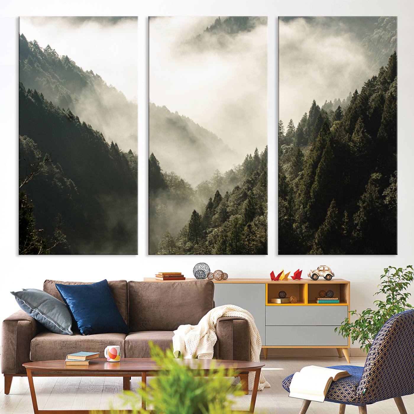 Canvas showing a misty pine forest valley with layered green hills and soft fog, perfect for moody or nature-themed decor styles.