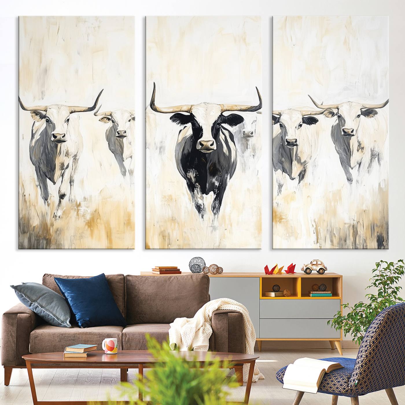 -Texas Longhorn Canvas Print, Framed Rustic Herd Art Picture Print, Western Bull Perfect Neutral