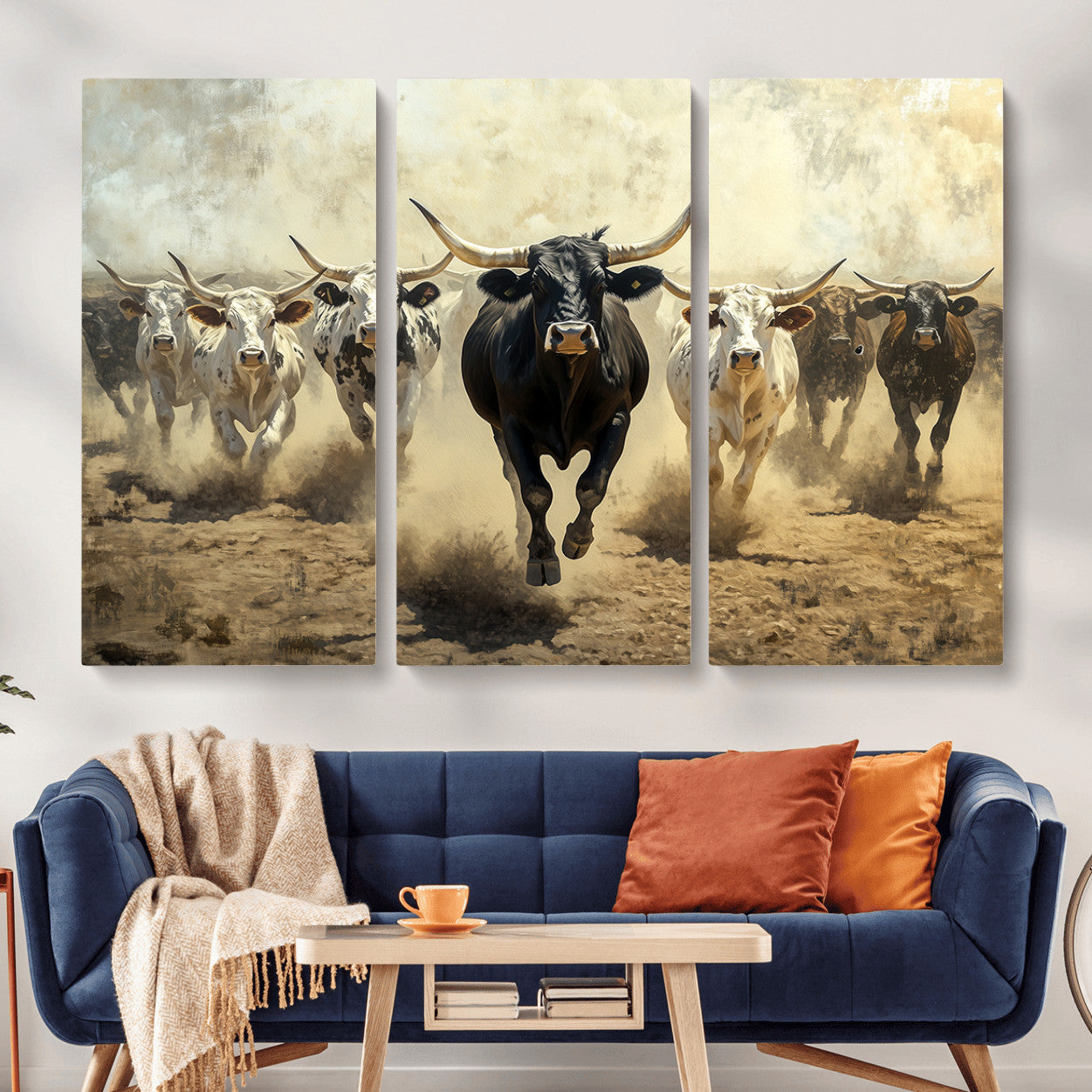 MGV-CV-48X32-3P - Running Cattle Wall Art – Canvas Print of Western Herd, Dust Stampede, Longhorns, Wild West Ranch, Bold Rustic Farm Decor for Home or Office