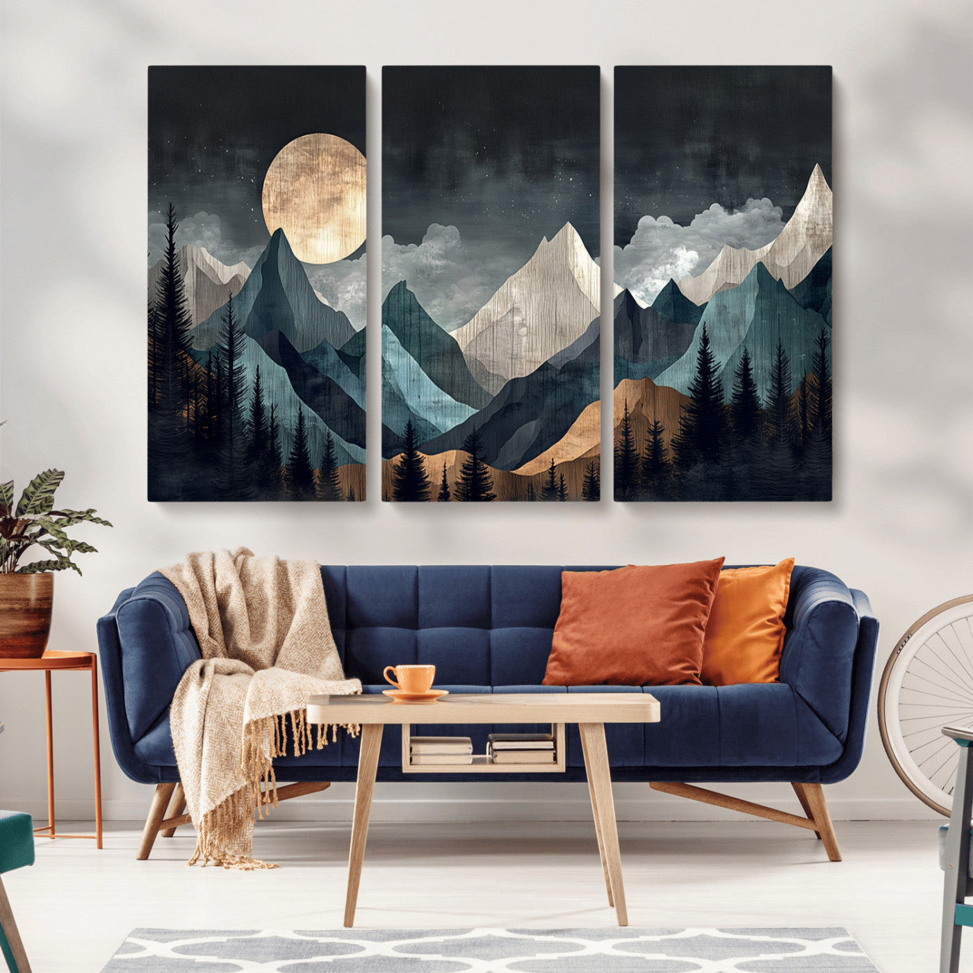 11060882-MGV-CV-36X24-Moonlit Mountain Wall Art Canvas Print – Silhouetted Pines Layered Peaks Tranquil Sky Mist Silver Light Nature Artwork for Home