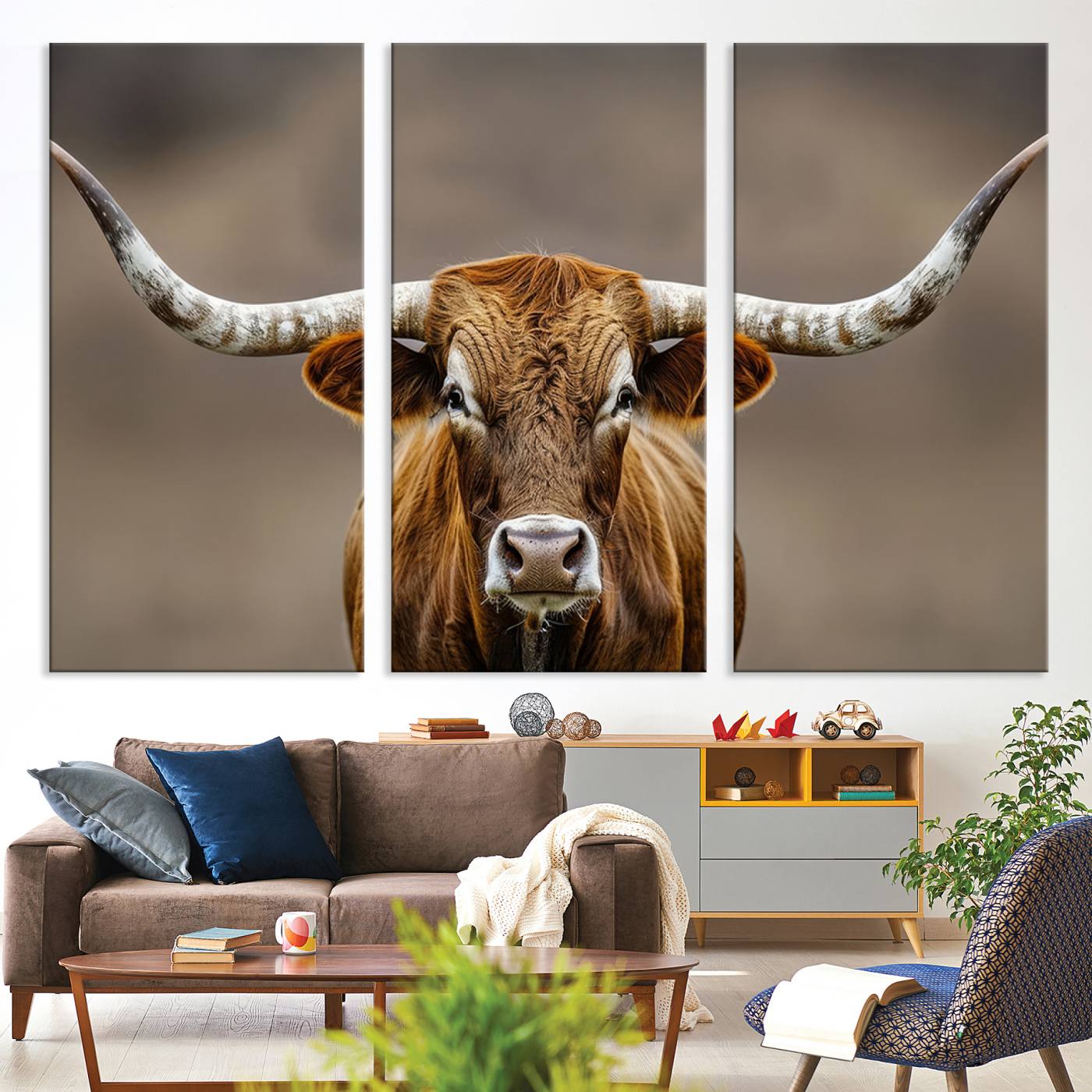 12179171-MGV-CV-36X24-Texas Longhorn Wall Art Canvas Print – Brown Bull Rustic Ranch Western Cattle Nature Artwork for Home Office