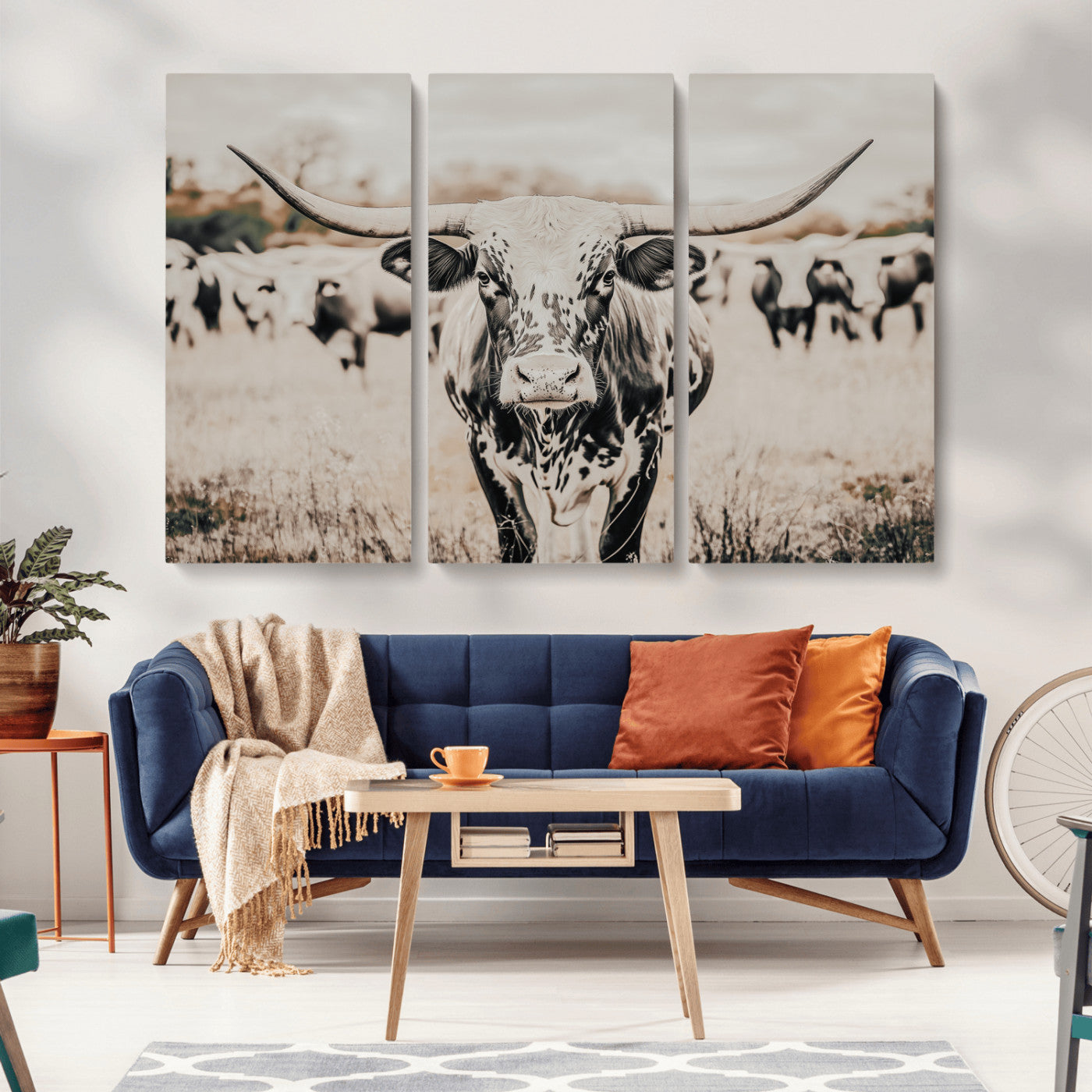 27497342-MGV-CV-36X24-Texas Longhorn Wall Art Canvas Print – Framed Speckled Bull Horned Cattle Rustic Western Artwork for Home Office