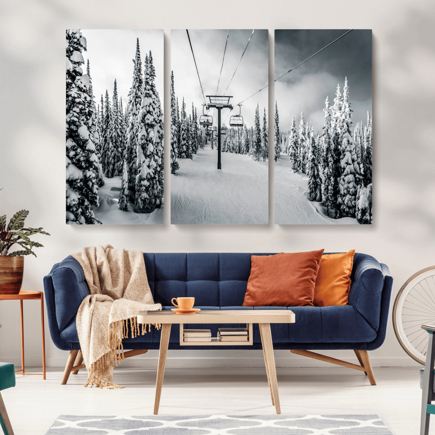 31156828-MGV-CV-36X24-Snowy Pines Wall Art Canvas Print – Framed Ski Lift Winter Forest Snowy Landscape Moody Lodge Artwork for Home, Office