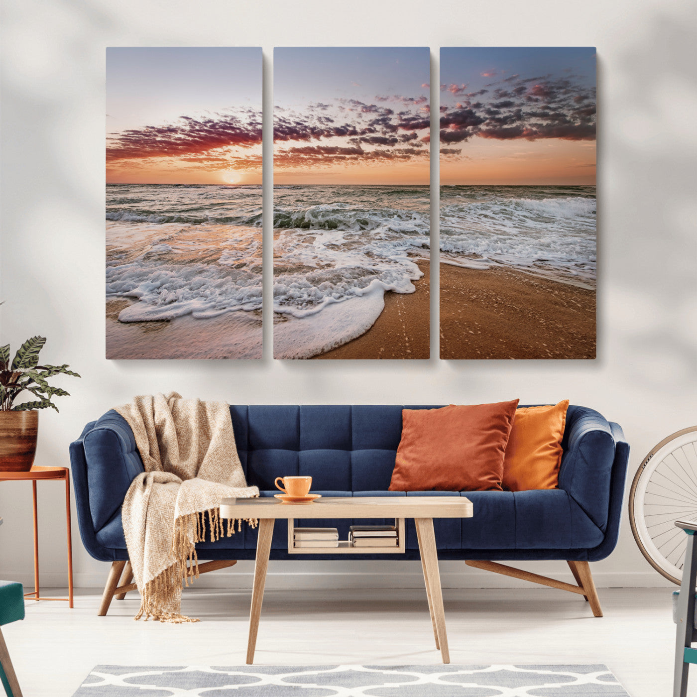 39846389-MGV-CV-36X24-Ocean Sunset Wall Art Canvas Print – Framed Sandy Shore Gentle Waves Coastal Landscape Minimalist Artwork for Home, Office