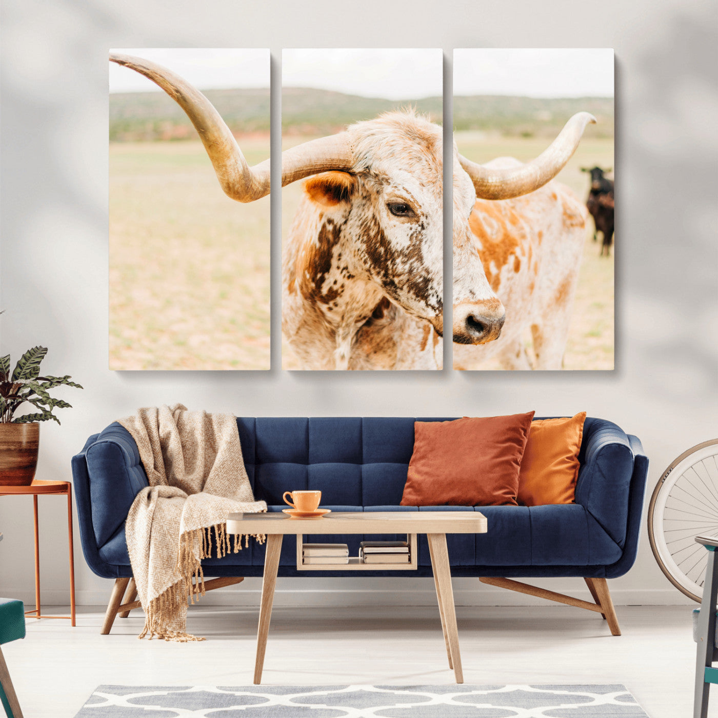 -Texas Longhorn Wall Art Canvas Print, Framed Spotted Cow Art Picture Print, Horned Cattle Perfect Rustic Western Decor Artwork