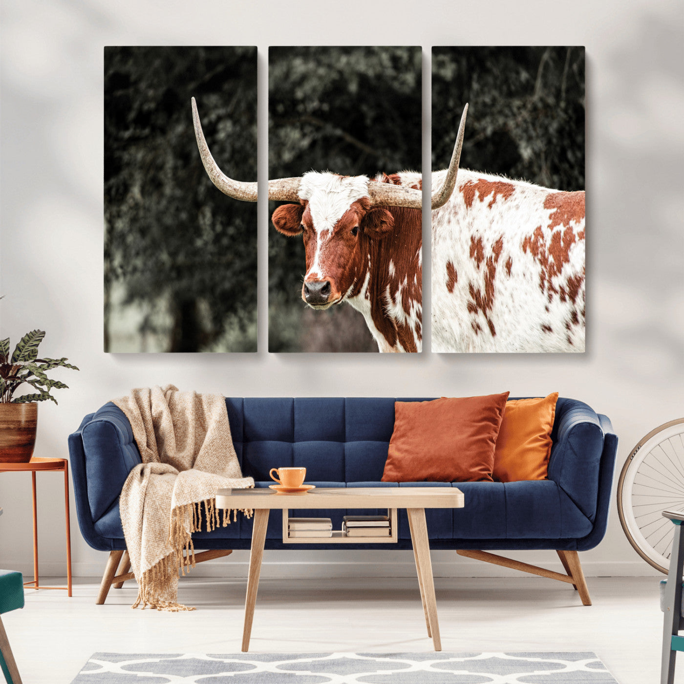 -Texas Longhorn Wall Art Canvas Print, Framed Spotted Cow Art Picture Print, Horned Bull Perfect Rustic Western Decor Artwork
