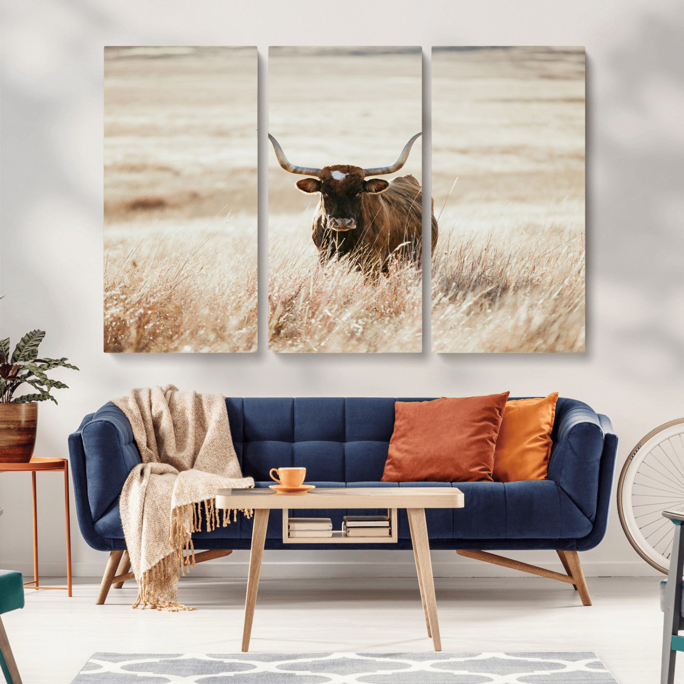 -Texas Longhorn Wall Art Canvas Print, Framed Brown Cattle Art Picture Print, Horned Bull Perfect Rustic Western Decor Artwork