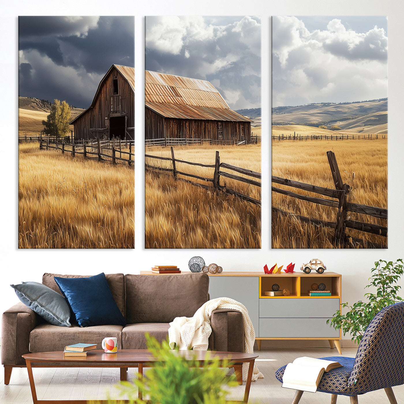 38758826-MGV-CV-36X24-Rustic Barn Wall Art Canvas Print – Framed Moody Barn Golden Field Countryside Farmhouse Landscape Artwork for Home Office