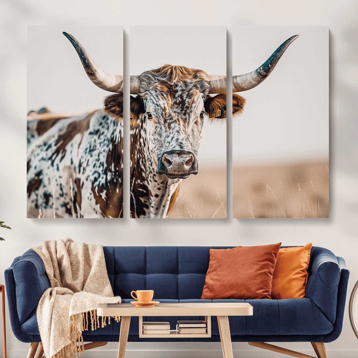 70414966-MGV-CV-48X32-3P - Majestic Longhorn Wall Art – Canvas Print of Strong Stance Intricate Fur & Sharp Horns Rustic Elegance & Timeless Wild Beauty Decor for Living Room, Office or Bedroom