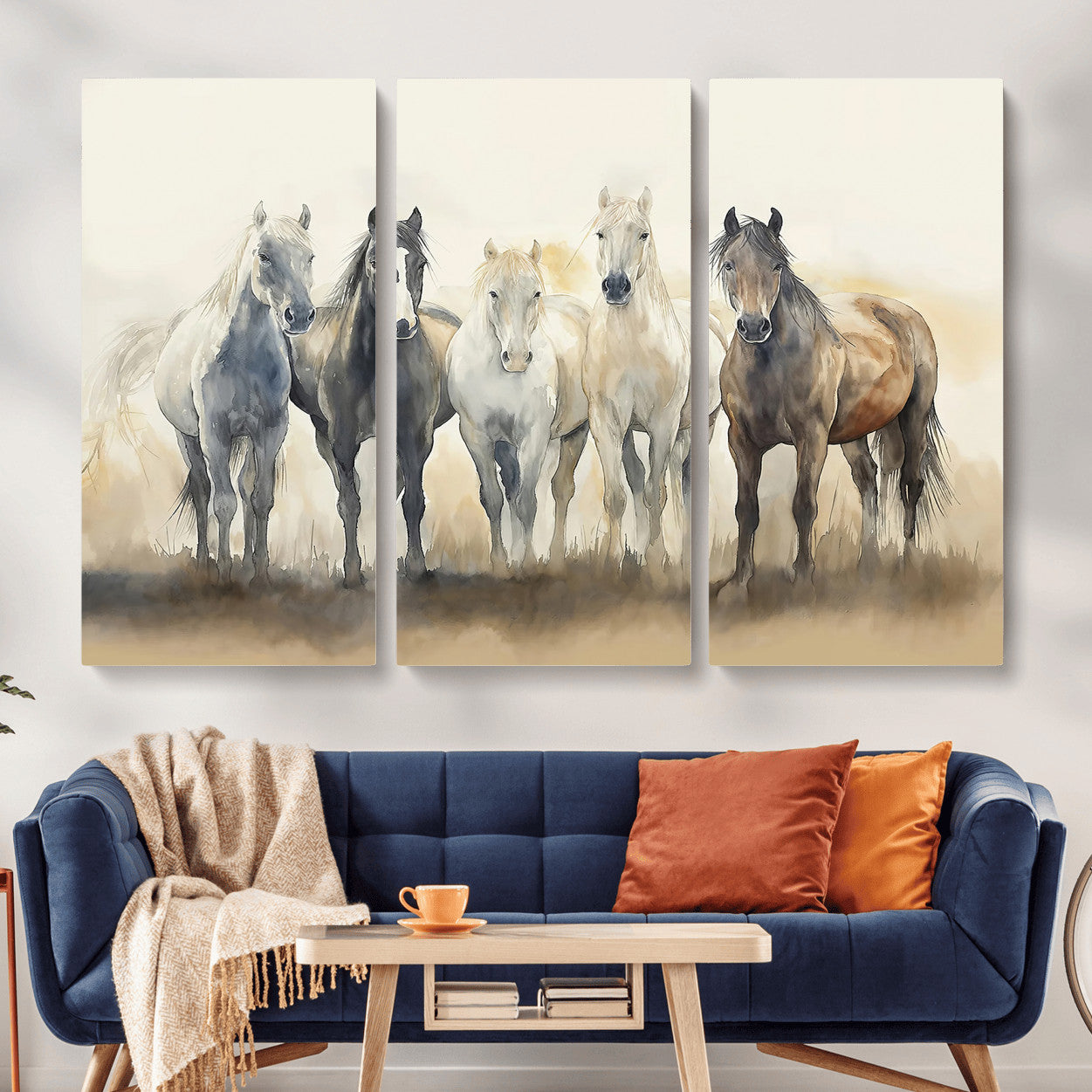 MGV-CV-48X32-3P - Wild Horses Wall Art Canvas Print, Framed Running Horses Art Picture Print, Watercolor Horses Perfect Rustic Western Decor Artwork