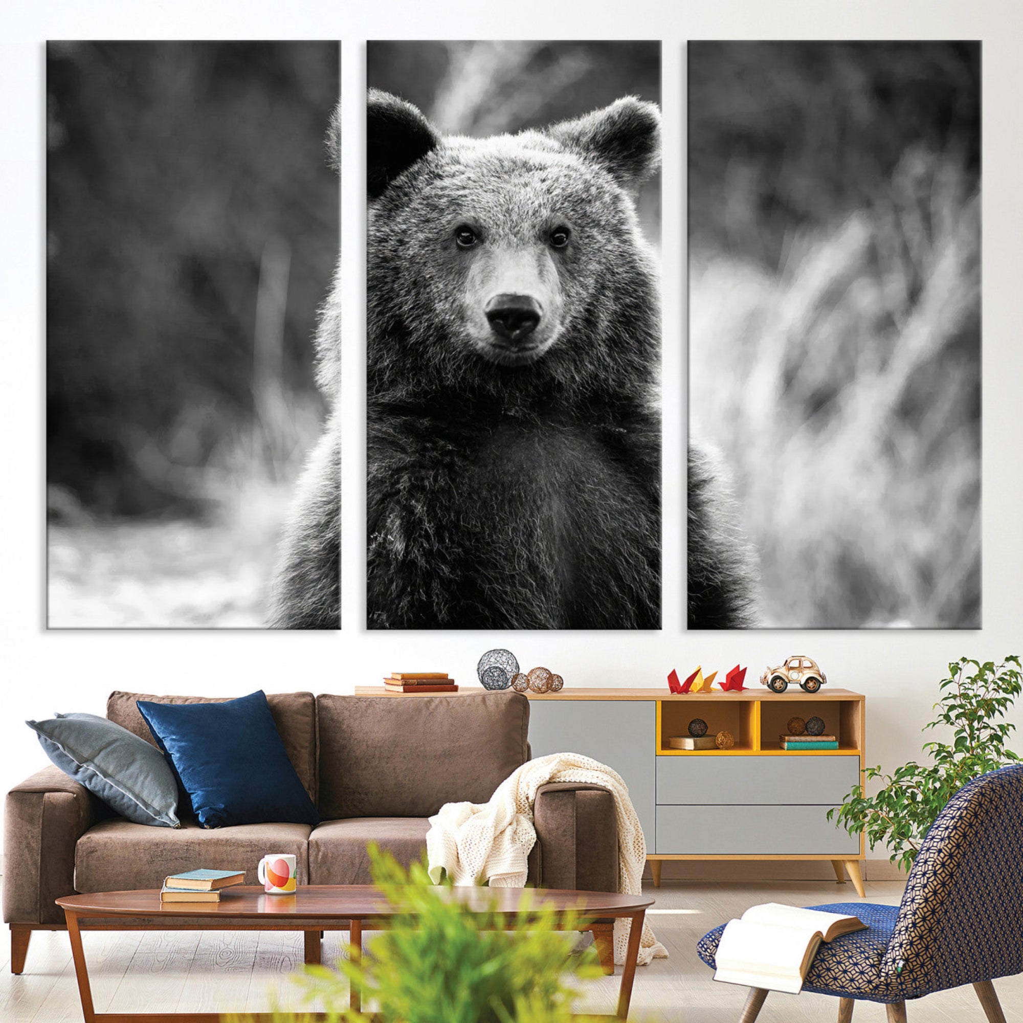 Black and white portrait of a grizzly bear with sharp detail and intense gaze, ideal for neutral-toned wildlife or rustic nature decor.