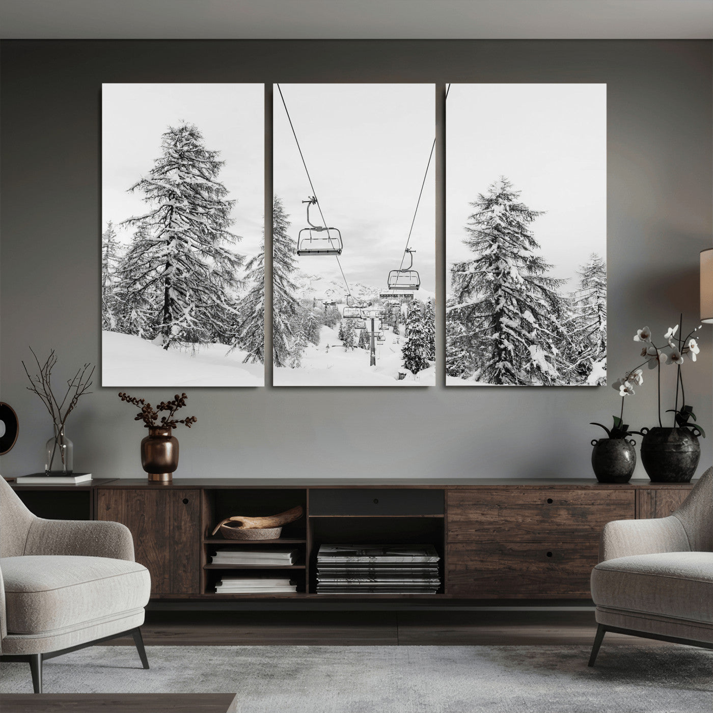 55003599-MGV-CV-36X24 - Snowy Ski Lift Wall Art – Framed Winter Forest Canvas Artwork, Peaceful Mountain Design, Modern Nature Decor for Home, Office