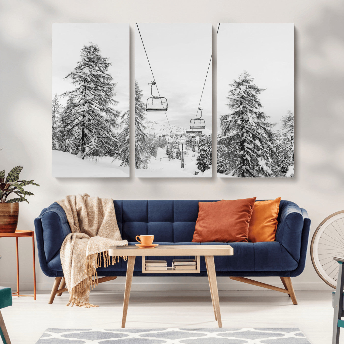 55003599-MGV-CV-36X24-Ski Lift Wall Art – Framed Snowy Mountain Canvas Artwork, Winter Forest Design, Minimal Nature Decor for Home, Office