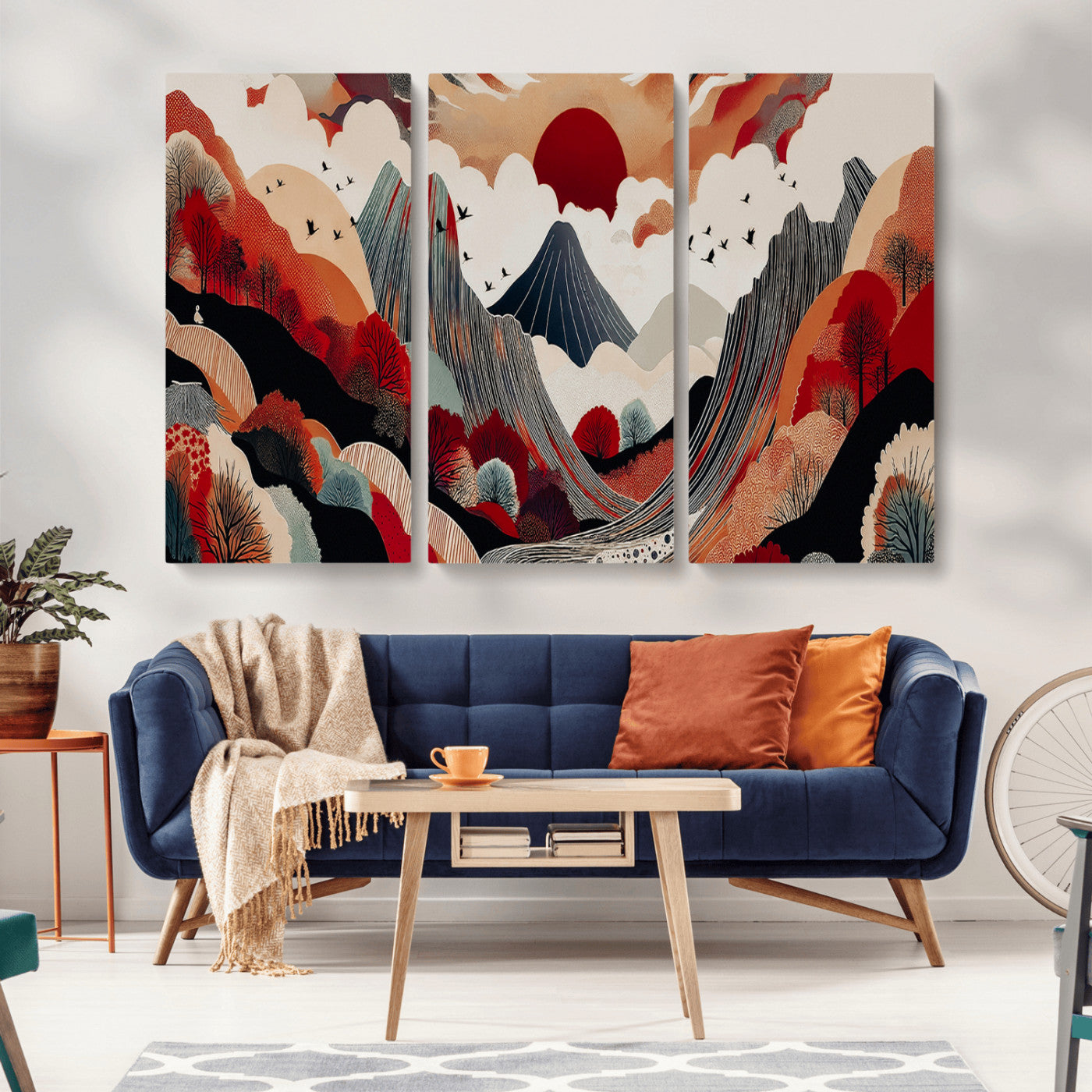 -Abstract Mountain Wall Art Canvas Print, Framed Vibrant Landscape Art Picture Print, Stylized Nature Drawing Perfect Contemporary Minimalist Decor Artwork