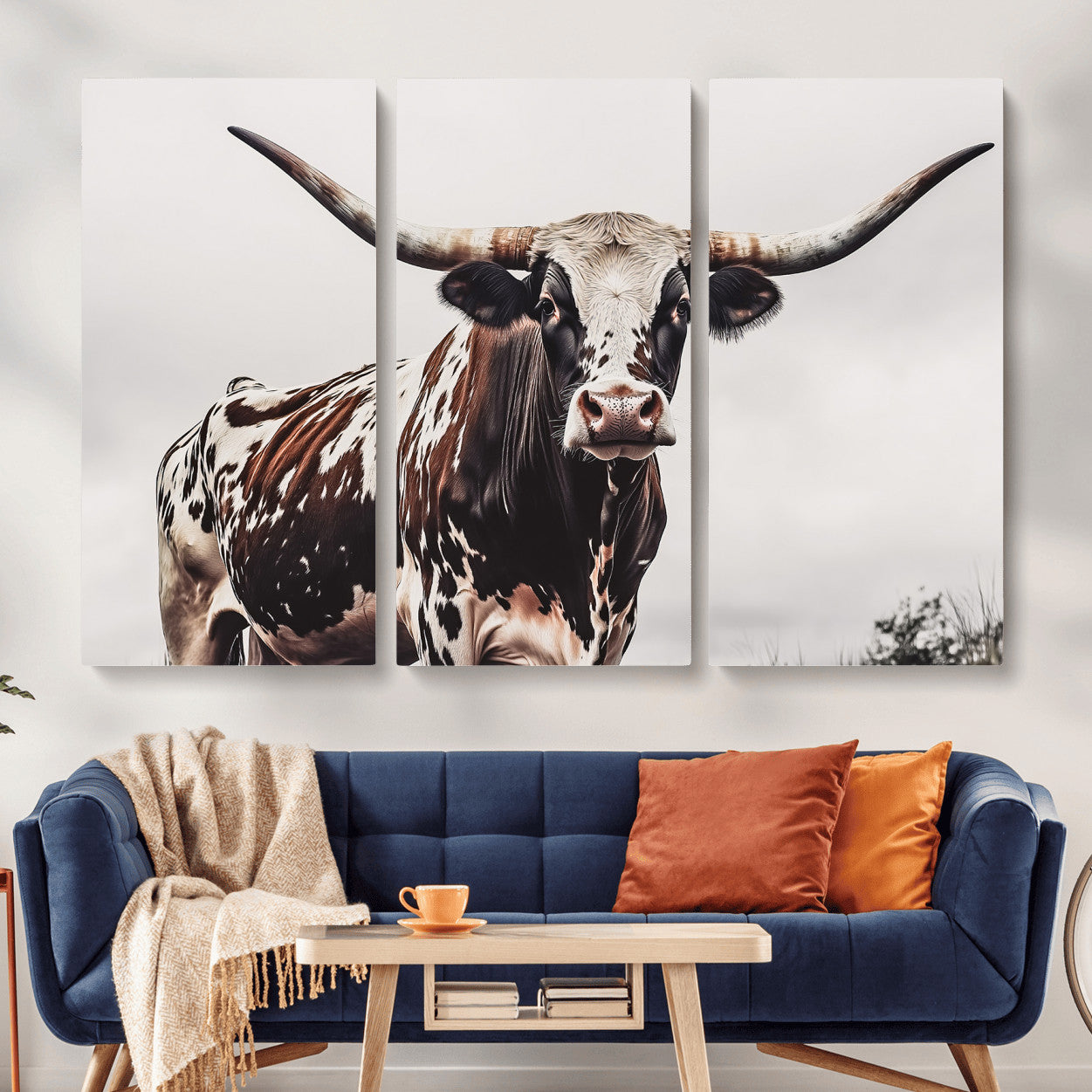 MGV-CV-48X32-3P - Texas Longhorn Wall Art Canvas Print, Framed Spotted Bull Art Picture Print, Horned Cattle Perfect Rustic Farmhouse Decor Artwork