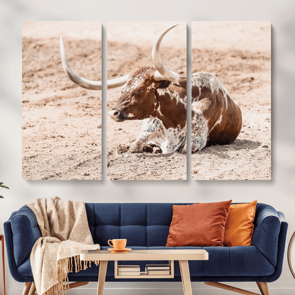 91248682-MGV-CV-36X24-Texas Longhorn Wall Art Canvas Print – Framed Resting Bull Scene with Spotted Cattle Artwork for Home, Office