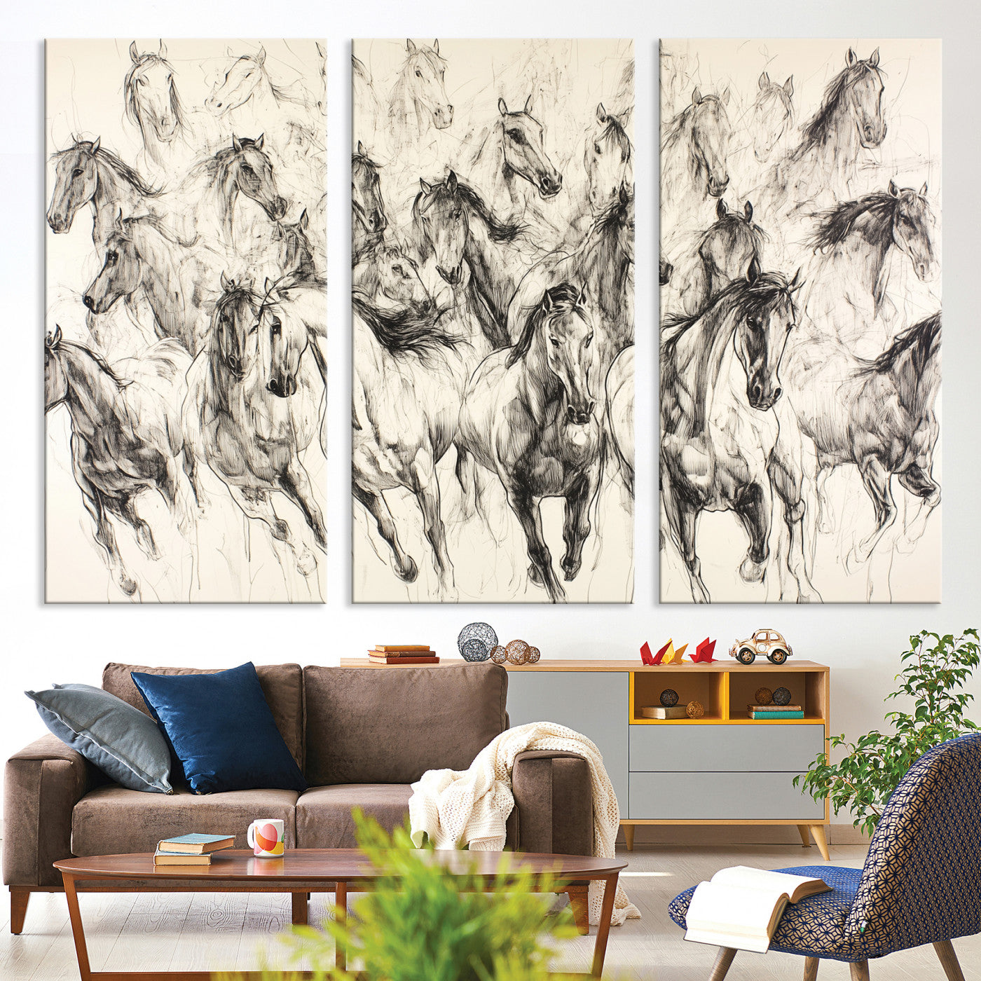 19433417-MGV-CV-36X24-Running Horses Wall Art Canvas Print – Framed Galloping Herd Dynamic Equestrian Sketch Nature Artwork for Home Office