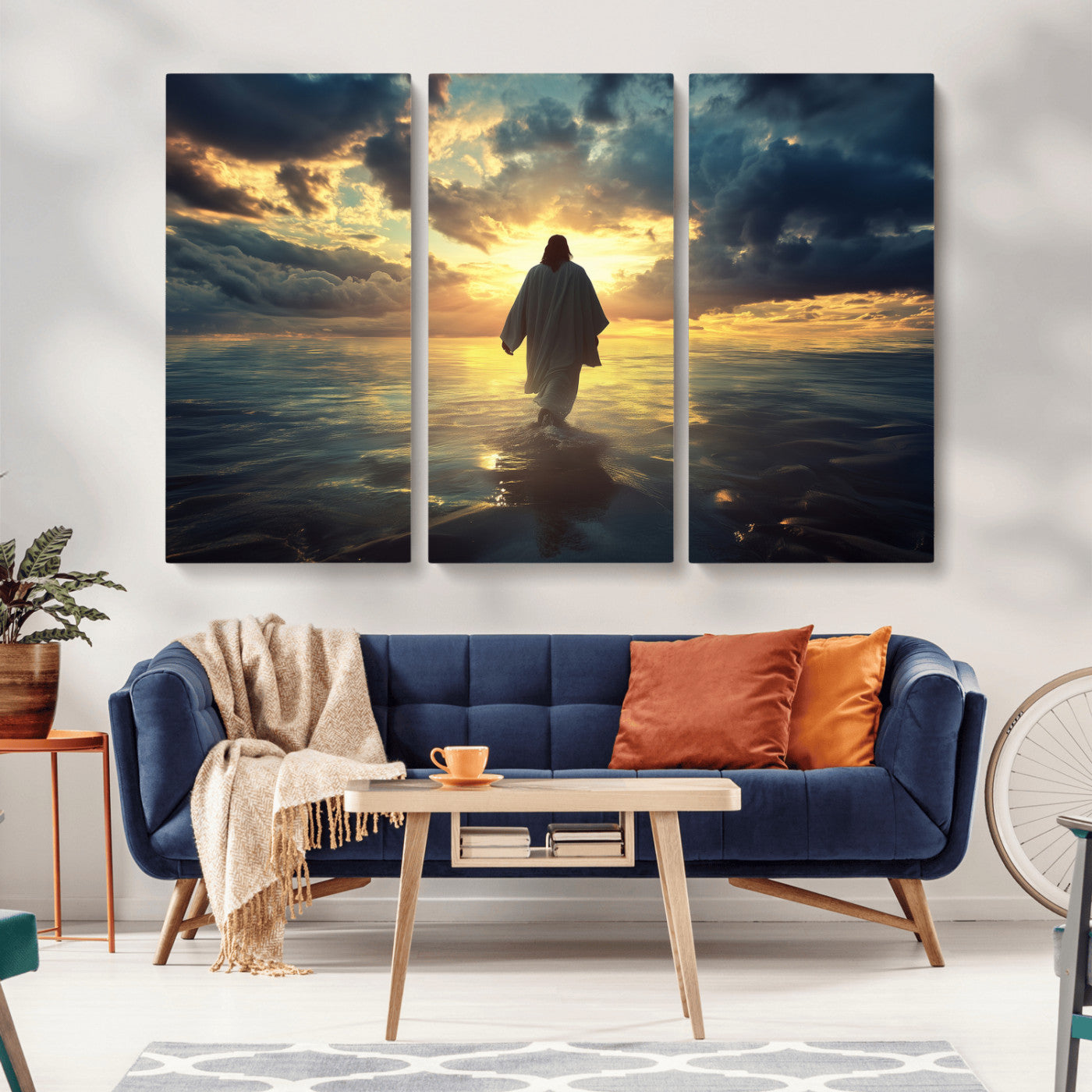 -Jesus Walks Wall Art Canvas Print Framed Divine Sunset Art Spiritual Light Print for Home, Office, Living Room