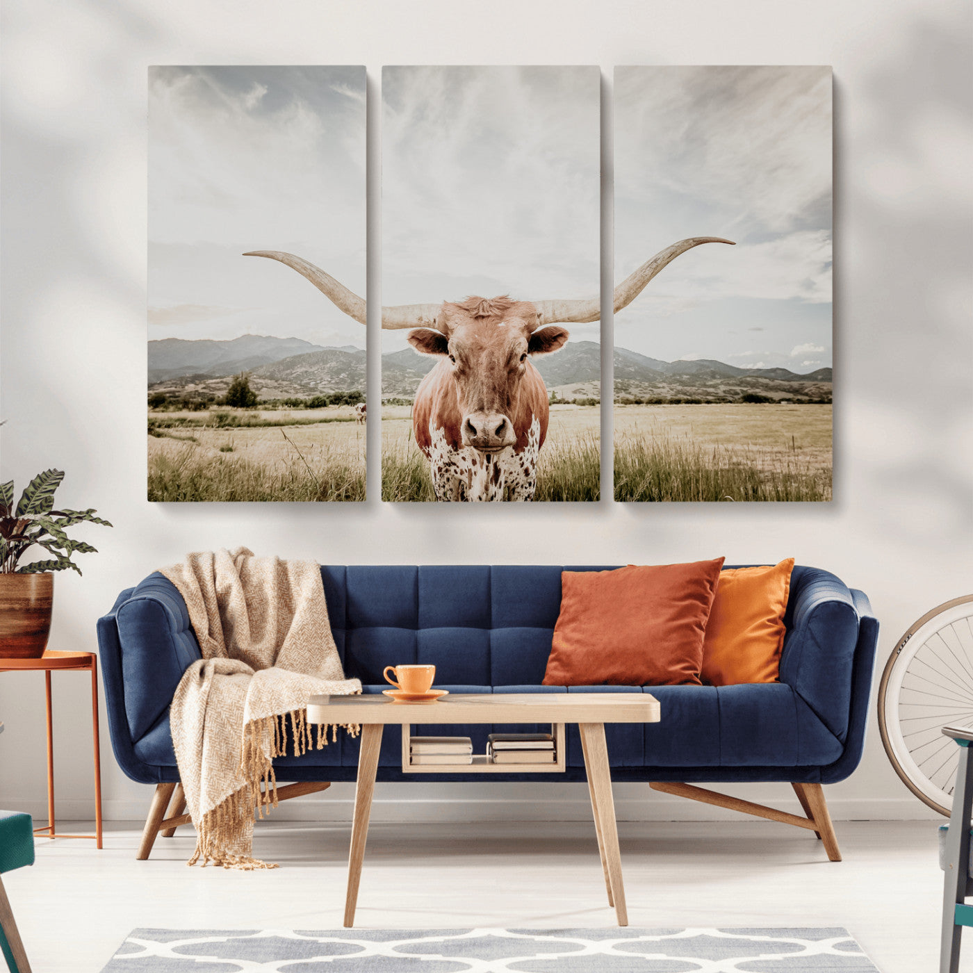 80054319-MGV-CV-36X24-Texas Longhorn Wall Art Canvas Print – Framed Western Cow Scene with Rustic Farmhouse Artwork for Home, Office
