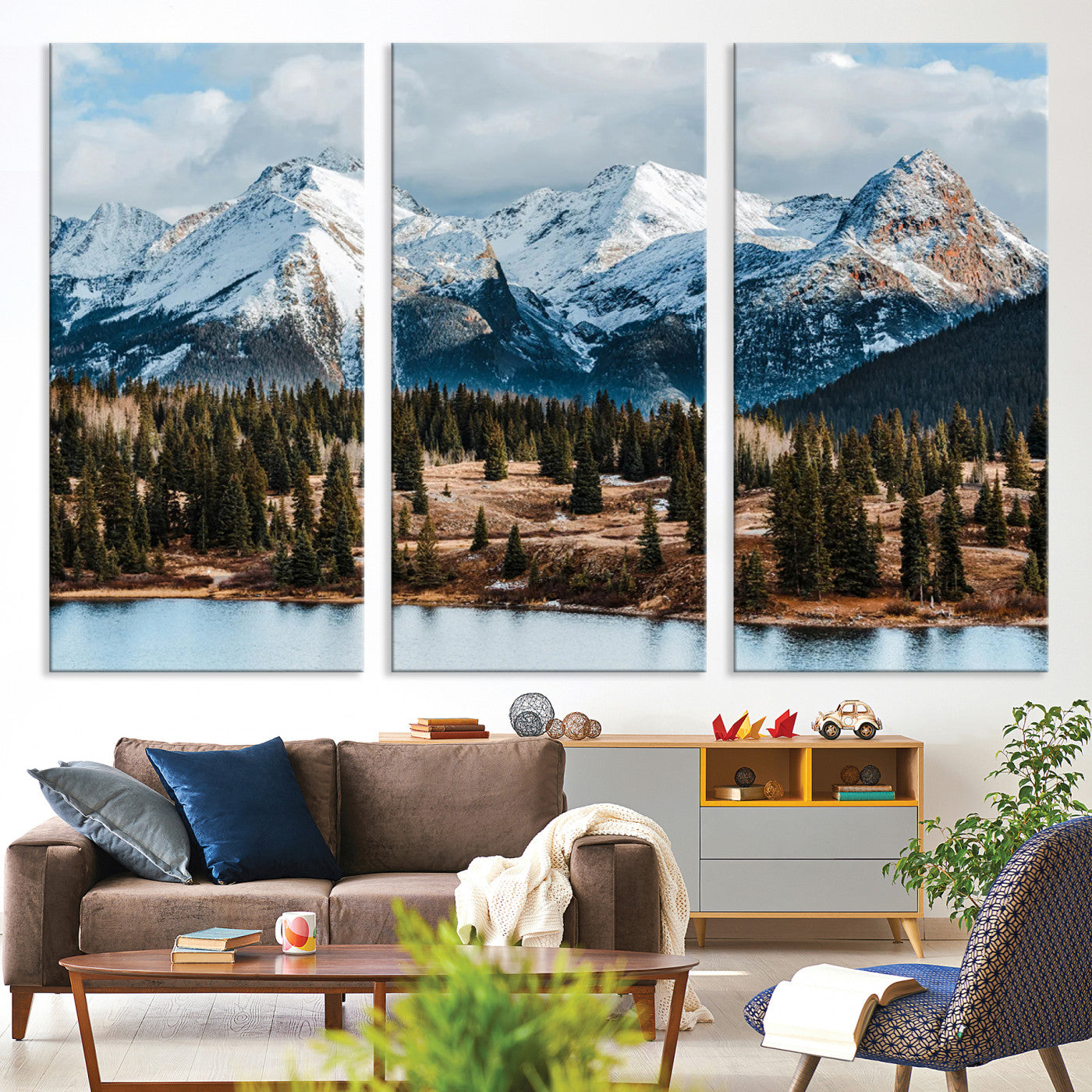 -Snowy Peaks Wall Art Canvas Print, Framed Alpine Lake Art Picture Print, Pine Forest Perfect Alpine