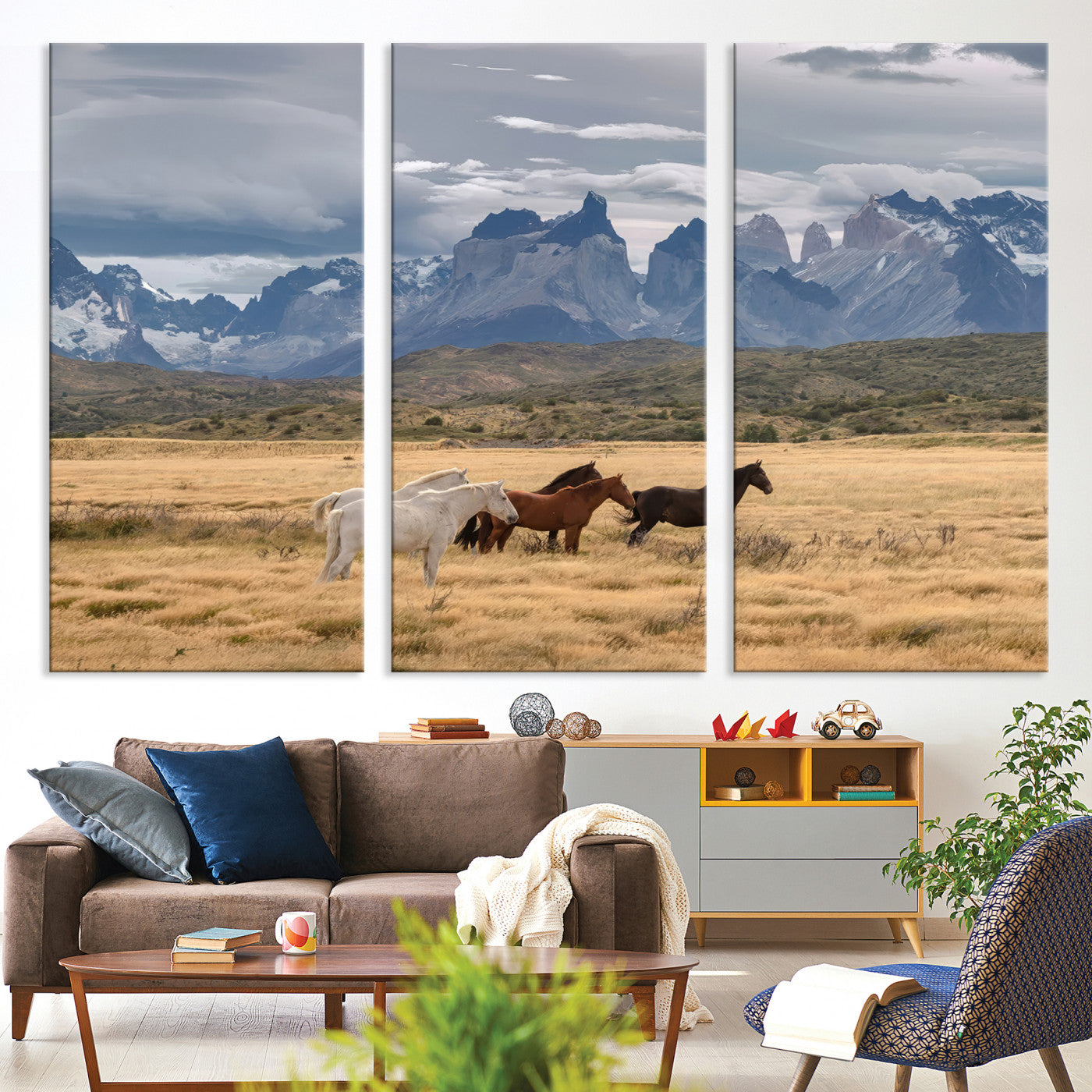 69960232-MGV-CV-36X24-Horses Grazing Wall Art Canvas Print – Framed Mountain Field Scenic Landscape Cloudy Sky Nature Artwork for Home Office