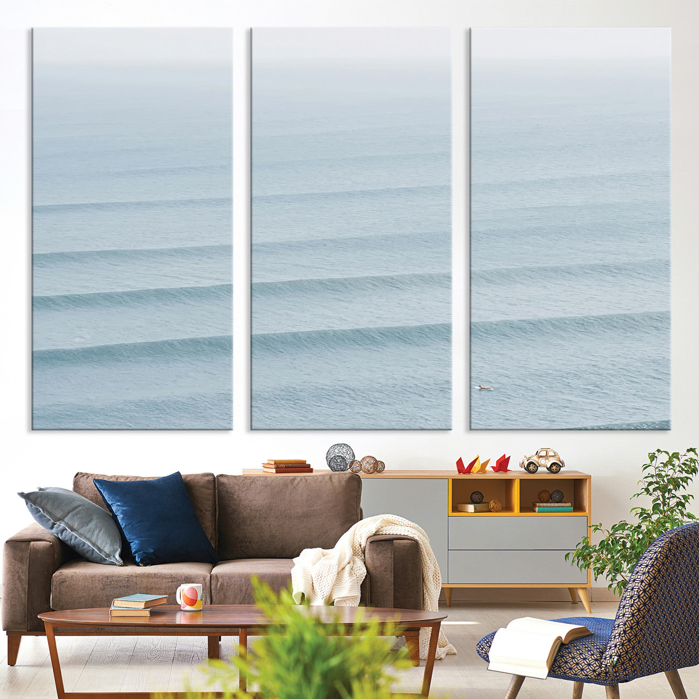 -Ocean Waves Wall Art Canvas Print, Framed Solo Surfer Art Picture Print, Wave Lines Perfect