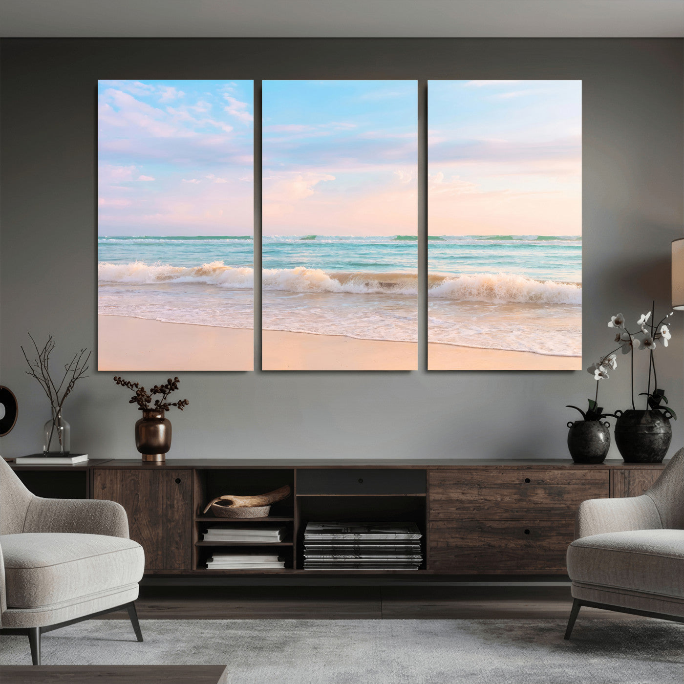 74679437-MGV-CV-36X24 - Serene Waves Wall Art – Golden Shore & Soft Pastel Sky Canvas Print, Gentle Ocean and Peaceful Sunset for Living Room or Office