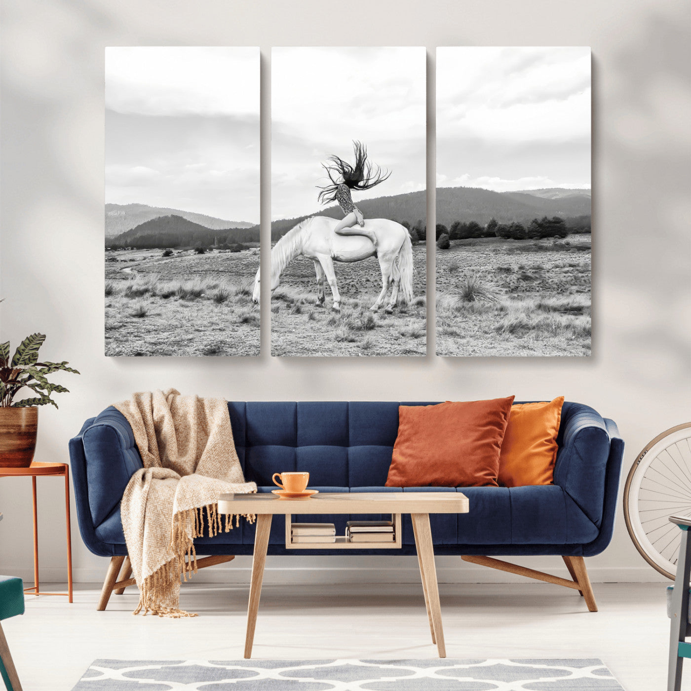 62789800-MGV-CV-36X24-White Horse Wall Art Canvas Print – Framed Woman Rider Equestrian Pose Western Boho Elegant Artwork for Home Office